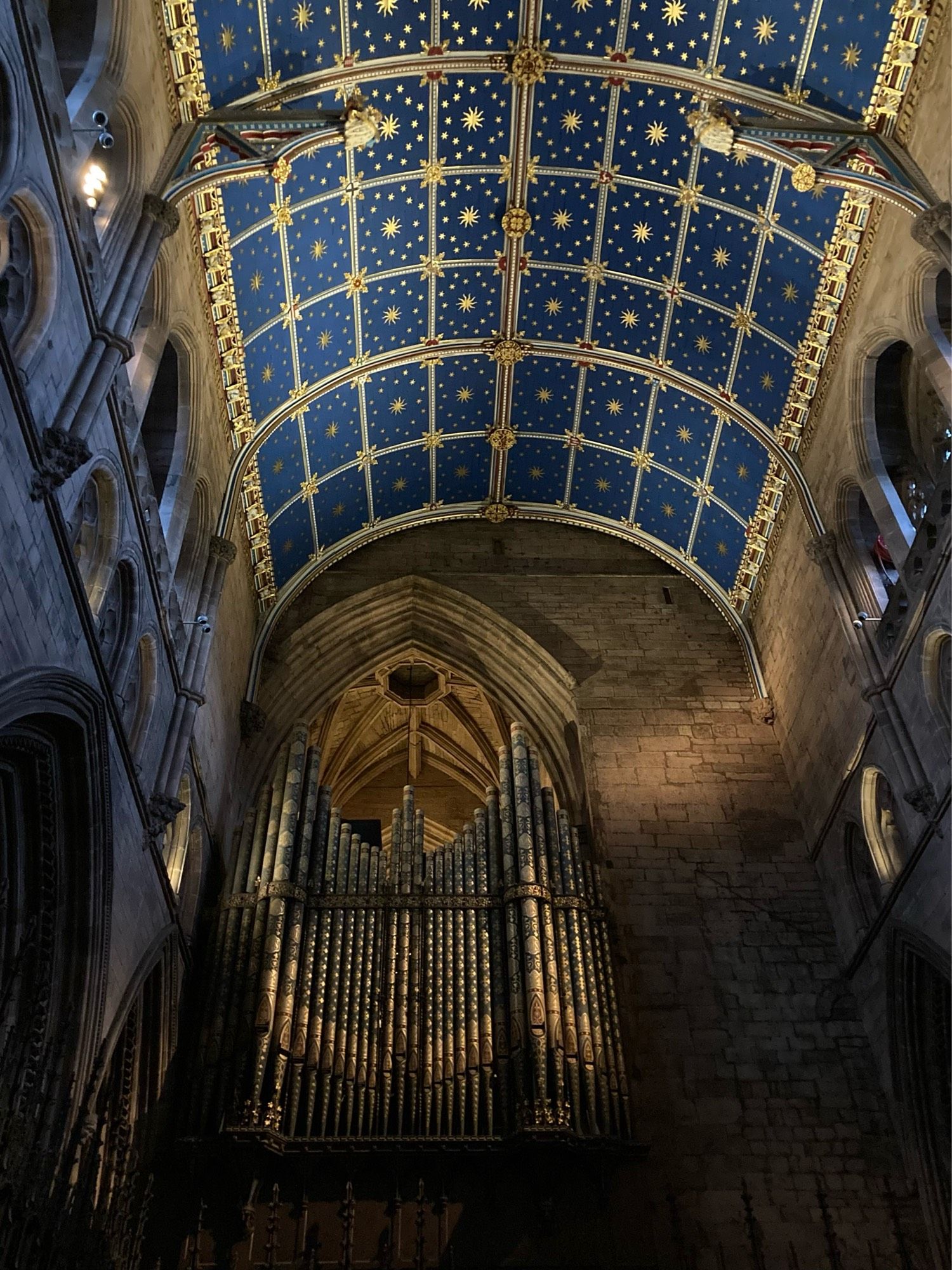 Gilt decorated organ pipes at Carlisle Cathedral, with a blue ceiling dotted with gold stars above. The organ is by Henry Willis (1821-1901); the ceiling was designed by Owen Jones (1809-1874).