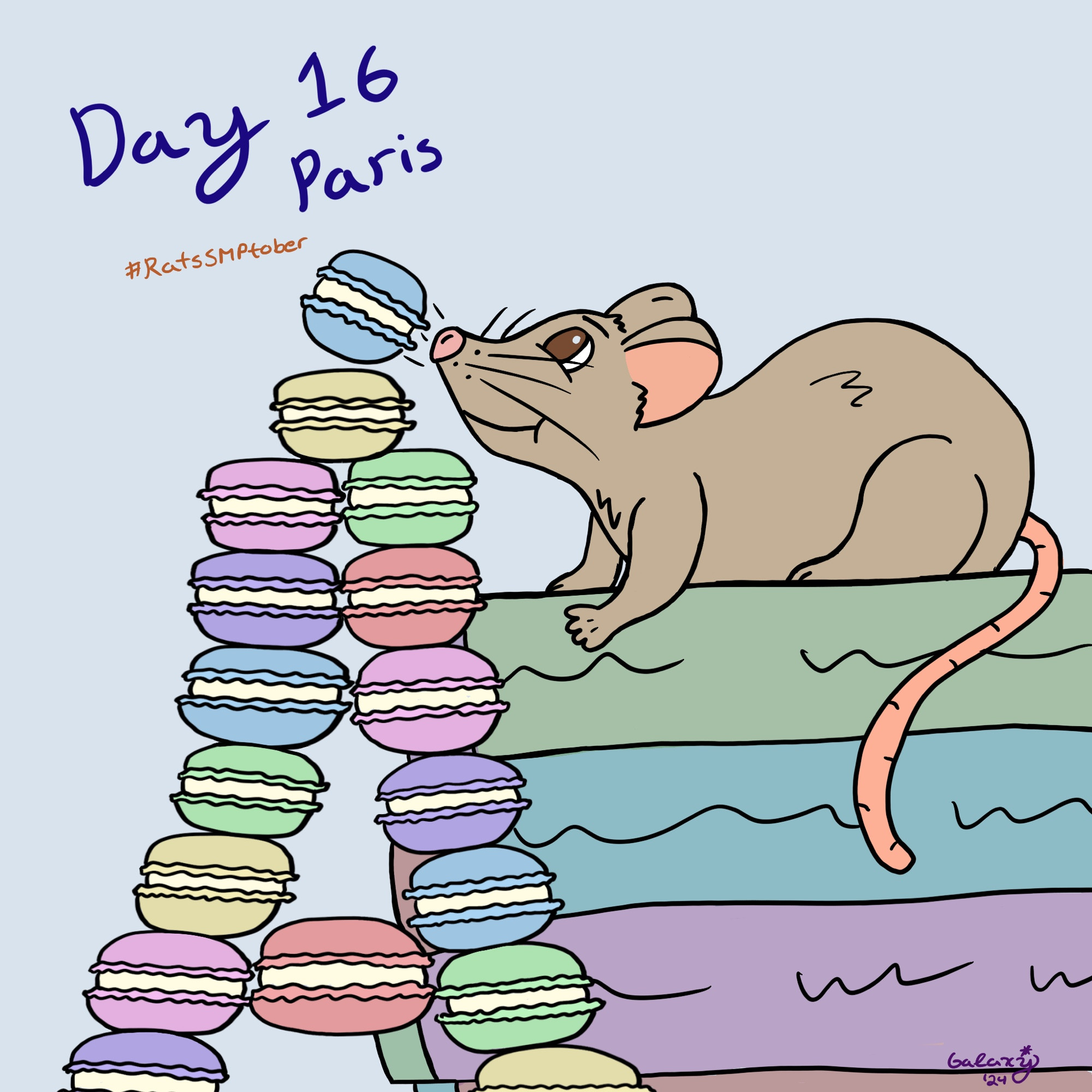 Rat making the Eiffel Tower out of macarons