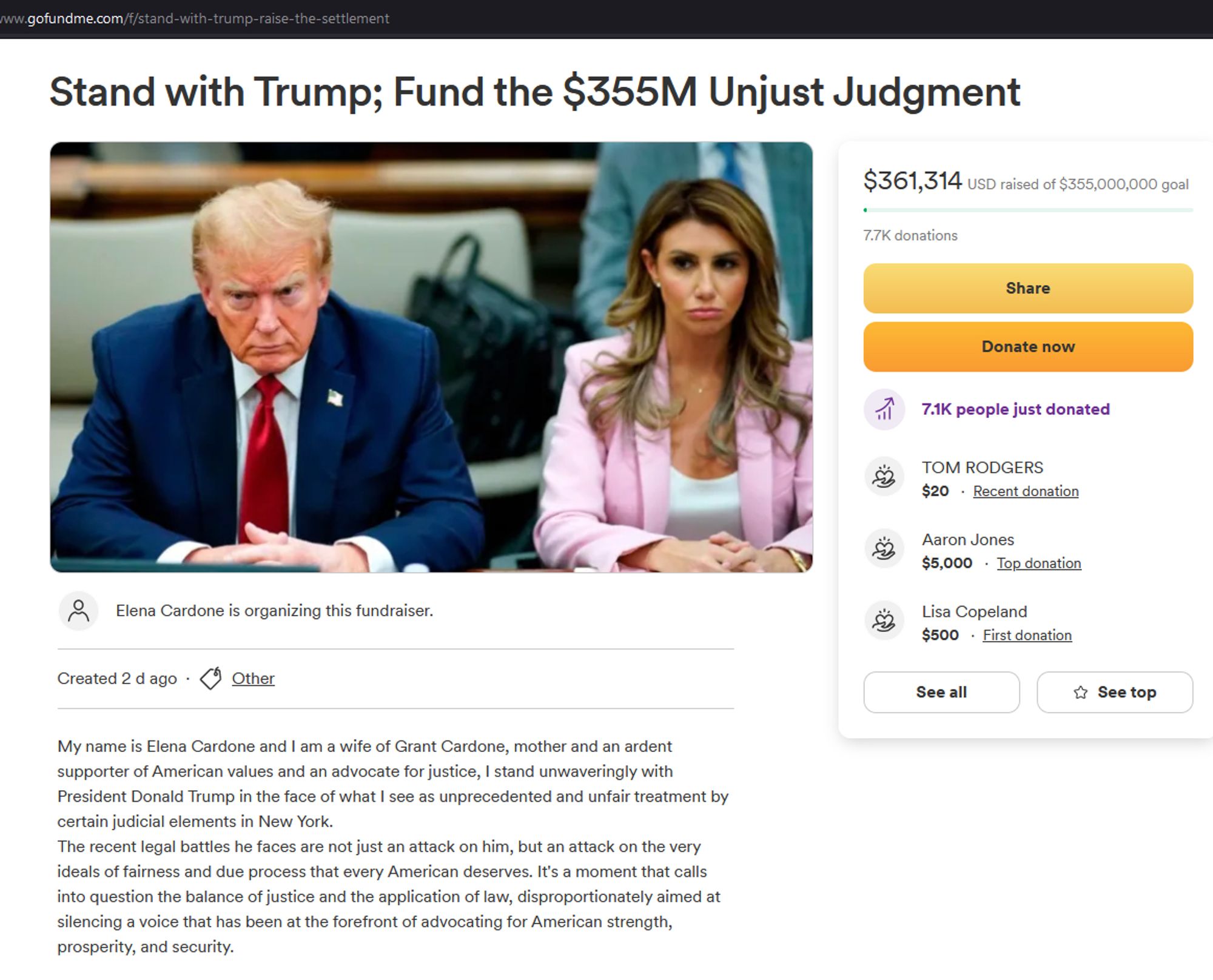 $361,314 USD raised of $355,000,000 goal for the Stand with Trump GoFundMe to Fund the $355M Judgment