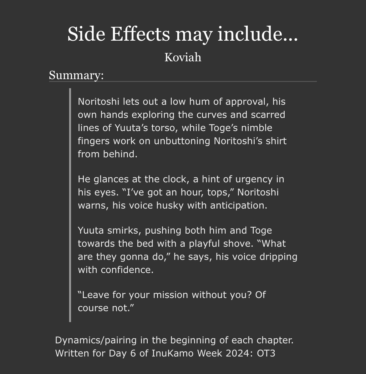 The summary of a Yuuta/Toge/Noritoshi getting together story posted on ao3. 