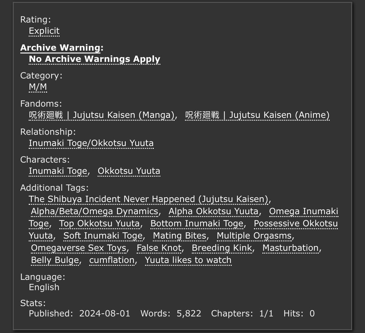 Explicit tags for what happens in the fanfiction