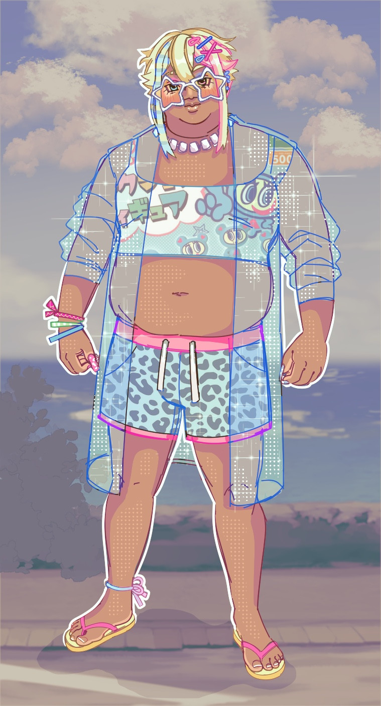 The image contains an illustration of a fat manba gyaru man standing on the sidewalk in front of the ocean. He has star shaped sunglasses with peach lenses and white frames, one blue eye and one magenta eye, with eyeshadow of the same colors, the opposite color above each eye.

He has short bleach blonde hair that has two long strips going down each shoulder, the left one dyed with blue stripes, and the right with a pink streak. He has colorful clips in his hair, and brown skin.

He’s wearing a crop top from “angel blue”, and a see through blue plastic jacket over it. He has pink and blue cheetah print board shorts, and acrylic nails. He has colorful bracelets on his left wrist, and a blue-pink faded band tied around his left ankle.

He’s also wearing yellow and pink flops. He also has earrings, and slits on his left eyebrow.