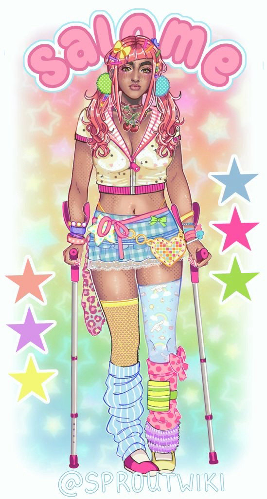 The image consists of a light-brown skinned (tan) woman standing in the middle of the work. She has 2 hot-pink forearm crutches to help her walk and stand.

She has salmon-pink hair, tied up in low ponytails with puff balls as elastics. The left is bright green and right is bright blue.  She has multi-colored clips in her hair. She has green-hazel eyes, and pink makeup. Her hair is slightly curly, and has uneven diagonal bangs. 

She is wearing a korilakkuma cropped zip-up sweatshirt, slightly opened to show off her chest. It is eggshell white and bright pink. She has a blue gingham mini-skirt with stars and heart accessories. She has multi-colored high socks with other sized leg warmers (light blue and pink polkadot), with pink and yellow shoes. She also has a rainbow cheetah print fake tail attached behind her. 

Behind her spells out her name: SALOME. In bright pink lettering. End text.