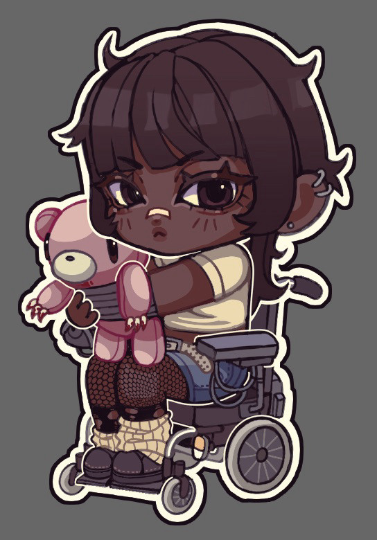 The image contains an illustration of Sproutwiki’s OC Prathyusha. Her body is angled at a 3/4th view to the left, and she’s hugging a pink teddy bear with white bloody claws closely to herself.

She has dark brown skin, dark brown hair in a wolf cut, a white bandage over her nose, a white crop top, jean shorts, black fishnets, and white leg warmers over black shoes. 

She uses a grey power wheelchair. She also has three piercings in her right ear.