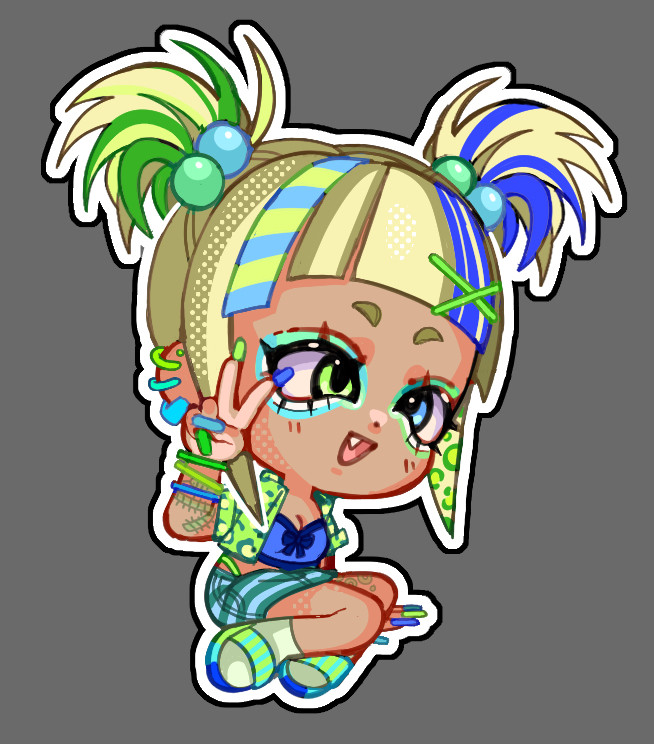 The image is a tan woman chibi. she is sitting on the floor, with a peace sign on her left hand. her eyes are crossed due to strabismus and her eyes are green and blue. she has blonde hair in an updo, left is green and right is blue. she has long nails. she has a green centipede tattoo on her left arm and several blue and green bracelets. she has a crop top green cheetah print button up short and a blue tight shirt with a bow beneath. She is wearing a short skirt blue and cyan striped. she has different shaped piercings on her left ear.