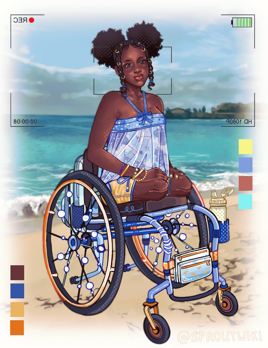 The image contains an illustration of a black woman with her hair tied up into space buns with two braids hanging down by her face. She has on a light blue sleeveless shirt with a ribbon on the chest that wraps around her neck, stretch marks, moles on her face, arms, legs, and chest, and yellow beach shorts.

Her shirt has flower patterns, and she has gold and blue bracelets on her left arm. Her nails are painted light yellow, and she’s a double above-knee amputee sitting in a light blue manual wheelchair with orange rims. She’s on the beach, with color swatches on both sides of the screen, with the outline of a camera framing her, as if her picture is being taken on the beach, with a big blue ocean, sky, and trees in the background. 

She also has a pouch with fish designs, to carry her things. And a yellow water bottle.