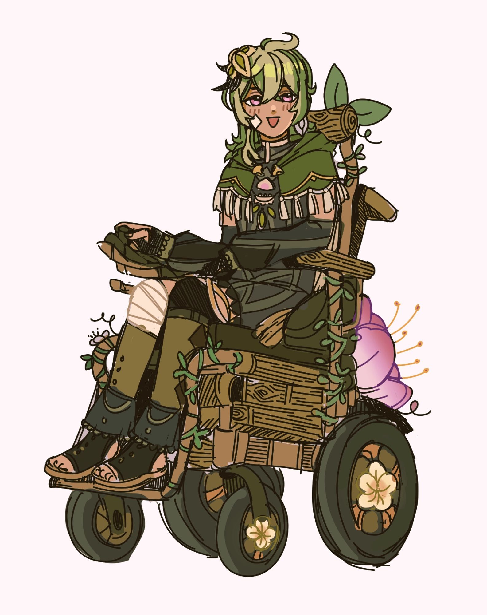 The image contains the fictional character Collei from Genshin Impact seated in a fantasy power wheelchair.

The design of the chair is wooden to resemble a tree, with vines wrapped around the bars, and small flowers sprouting in certain places. 

The wheels have a large white flower in the center, while the back of the chair has a large pink flower.