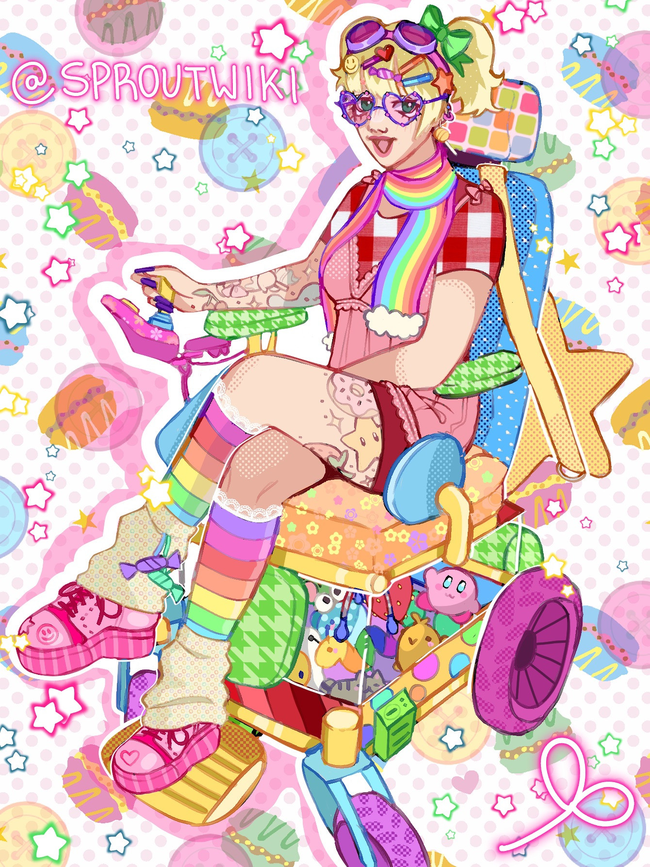 brightly coloured art of a person in a powerchair, decked out in colourful decora kei-style accessories, a crane machine filled with plushies below the seat of the chair. The person has pale skin, blonde hair and green eyes; their arm and upper thigh have various sweet and star-themed tattoos. They sit in their chair, one hand one steering, the other resting on their lap, their legs crossed; they look at the camera, smiling. The chair is brightly coloured; the back rest is blue, the seat is yellow. Beneath the seat is a small crane machine filled with plushies. A large, yellow, star-shaped bag is draped over the bag of the chair. The person is wearing large, bright pink boots , beige patterned leg warmers with thigh-high rainbow socks, a short red dress over a plaid red shirt, and a rainbow scarf.  There is an abundance of brightly coloured hairclips on their bangs, their hair is tied up in a ponytail by a bright green bow, and they wear pink-tinted, heart-shaped glasses.