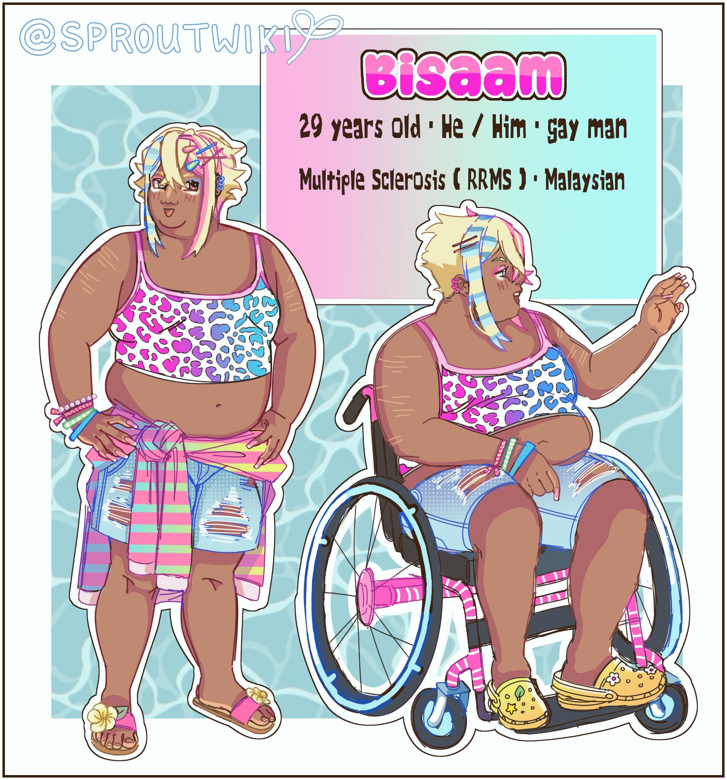 The image contains two illustrations of the same male character, one standing up and one sitting in a pink striped custom wheelchair with blue rims.

He is a fat gyaruo with bleached hair, with blue striped tips on the left, and a pink streak on the right. He has multi colored clips on the right side of his head, and brown skin.

He has pink and blue eyeshadow, and white makeup beneath his eyes, which are blue and magenta. He has 3 blue earrings on his right ear, and 3 pink on the left.

He’s wearing a pink-purple-blue fade cheetah print tank crop top, with a hoodie tied around his waist, and colorful bracelets on his wrist. It’s pink with stripes in a rainbow fade. He has ripped jean shorts and pink sandals with a yellow hibiscus flower on each.

In the image with his wheelchair he has on yellow crocs.

TEXT: Bisaam, 29 years old, he/him, gay man, multiple sclerosis (RRMS), Malaysian