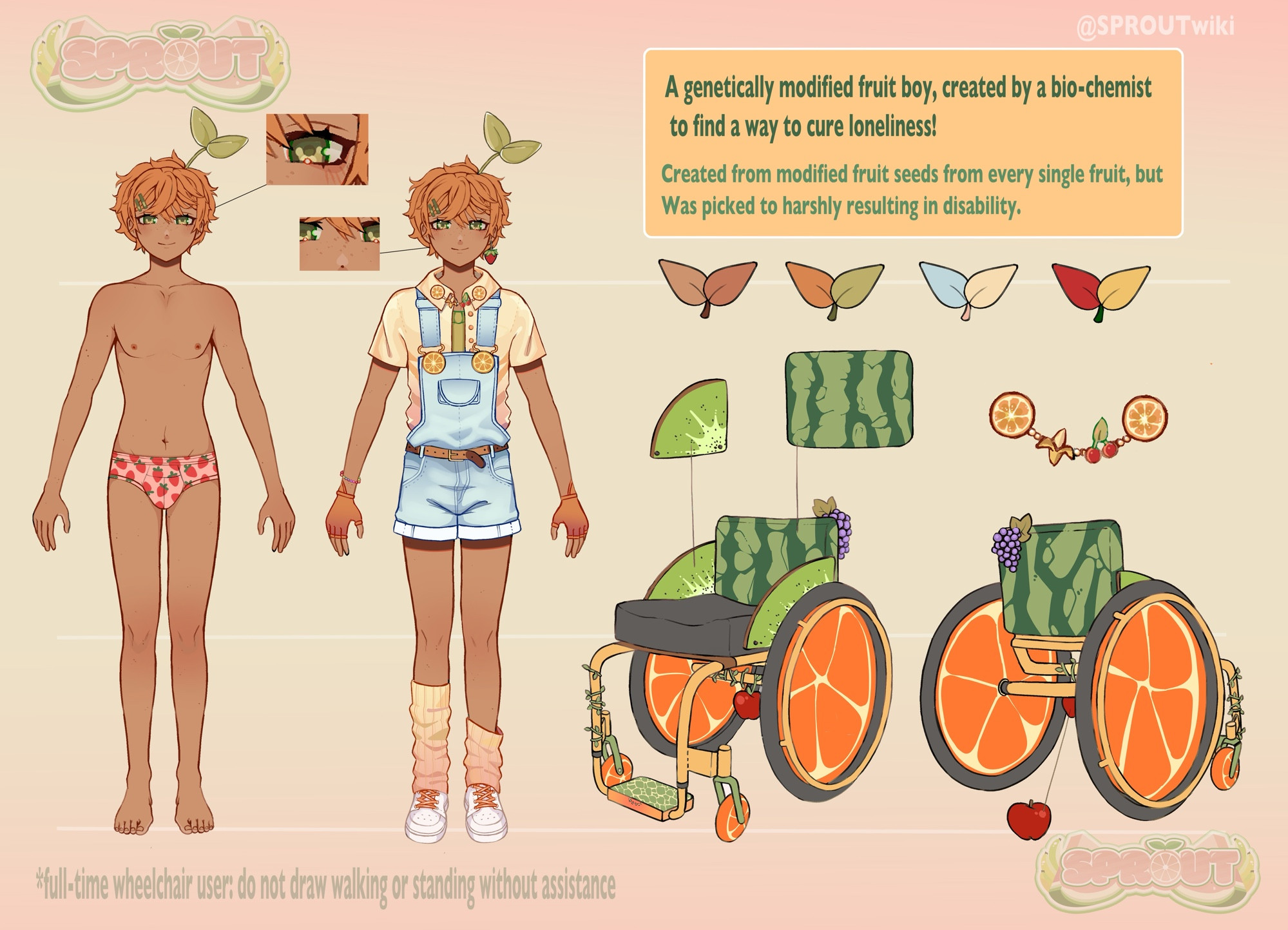 An image of Sprouts character sheet reference. 

There is one of sprout in only his strawberry pink underwear, and another of him fully clothed. Multiple angled shots of his wheelchair.

Sprout is a Slender, brown man with yellow short fluffy hair. He has green eyes, and a couple freckles above his nose. He has a strawberry earring on his right ear.