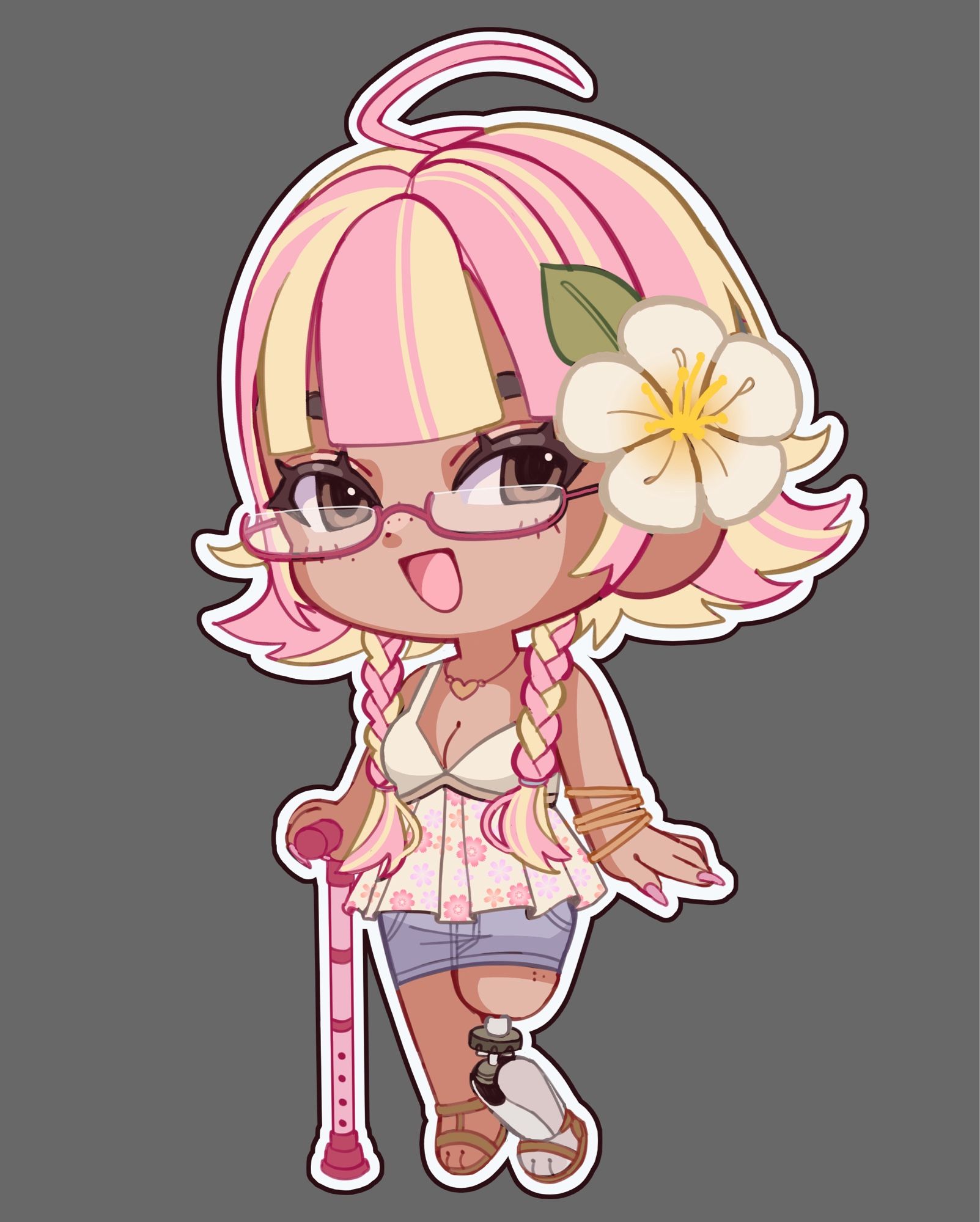 An image of a light brown skinned woman stands, she is drawn in a chibi style. 

She has pink hair with blonde highlights, she has a short haircut with two long braids coming from behind her ears. She has pink oval glasses, and a big smile on her face. 

She has a beige flow-ey shirt, with pink, purple and orange flowers pattern. She is wearing a short jean skirt. She has 4 gold bangles on her right hand and pink acrylic nails. She has a pink cane in her left hand.  

She has an osseointegrated below knee leg prosthetic on her right leg coming from her thigh. She is wearing brown sandals. 

She has a white hibiscus flower in her hair behind her right ear.