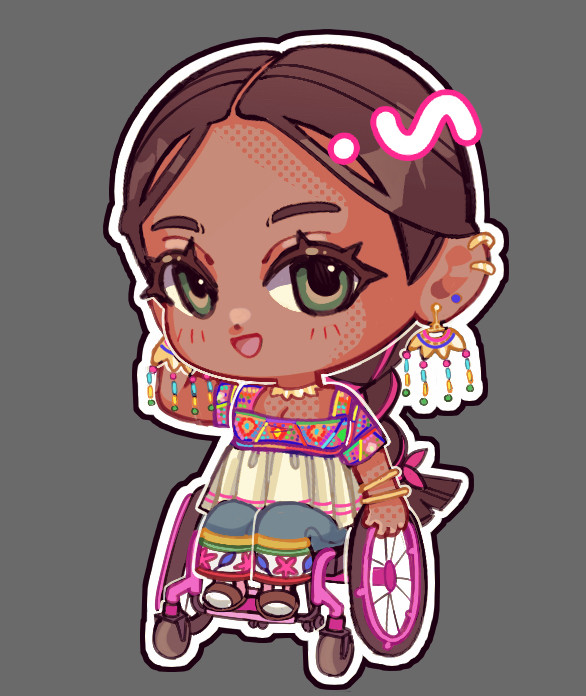 The image contains a chibi illustration of Sproutwiki’s OC Yaretzi sitting in her hot pink manual custom wheelchair. Her brown hair is parted in the middle of her head, and tied into a braid that goes down her back, with a pink ribbon.

She has brown skin and olive green eyes. She has colorful earrings with beadwork, and a golden necklace and bracelets on her right arm. She has two golden piercings as well. Her shirt is flown and white, with two horizontal pink stripes at the hem

The sleeves and chest part of her shirt have elaborate and colorful designs, along with the cuffs of her jeans. She has pink AFO braces on both legs, and brown sandals