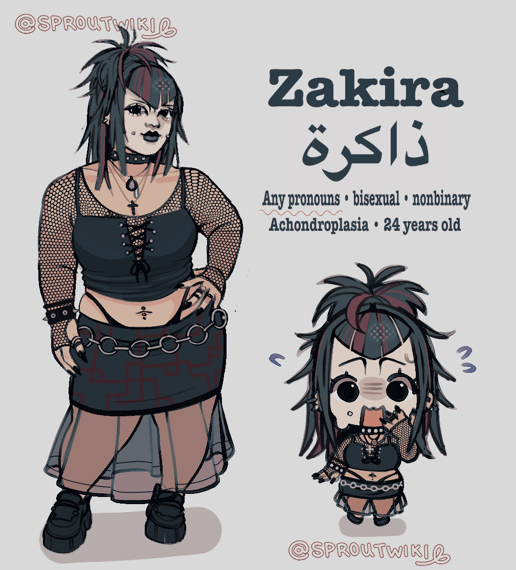 The image contains a nonbinary person with achondroplasia dwarfism. There is a full-body illustration to the left, and a small chibi.

The left illustration shows that they have “V bangs”, with black dyed hair with red highlights. Their face has white foundation, and piercings in the cheeks, with black lipstick and eyeliner. Their hair is tied on the top, with the rest of their hair going down their back and shoulders.

They are wearing a black studded choker, with a red amulet necklace, black cross necklace, and crystal necklace. They have on a black corset-like tank crop top with a fishnet long sleeve crop top underneath.

They have a bellybutton piercing, a black whale tail, and a black miniskirt with red square designs, and a transparent pleat that goes all the way to their ankles. They also have black platform shoes, spiked bracelet and black sharp nails with rings, and black platform shoes. 

TEXT: Zakira, any pronouns, bisexual, nonbinary, achondroplasia, 24 years old