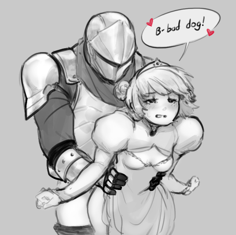 Drawing of a princess with short hair done up in twin buns, bent over and grabbed by the waist by a helmeted knight standing behind her. The princess' face is flushed and her teeth are slightly gritted as she hisses out "B-bad dog!"