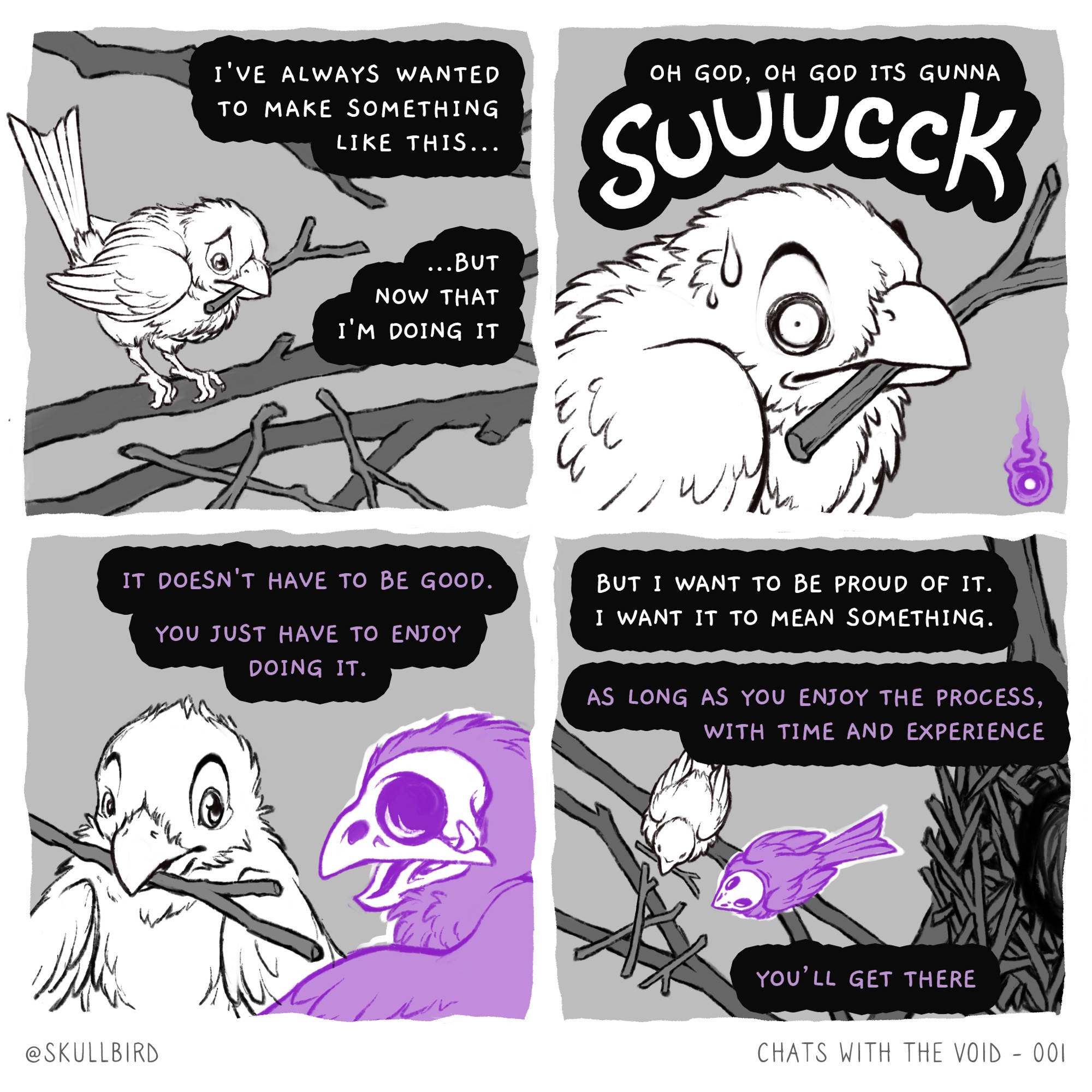 A comic of a bird talking about its creative insecurities with a purple skull faced spirit.