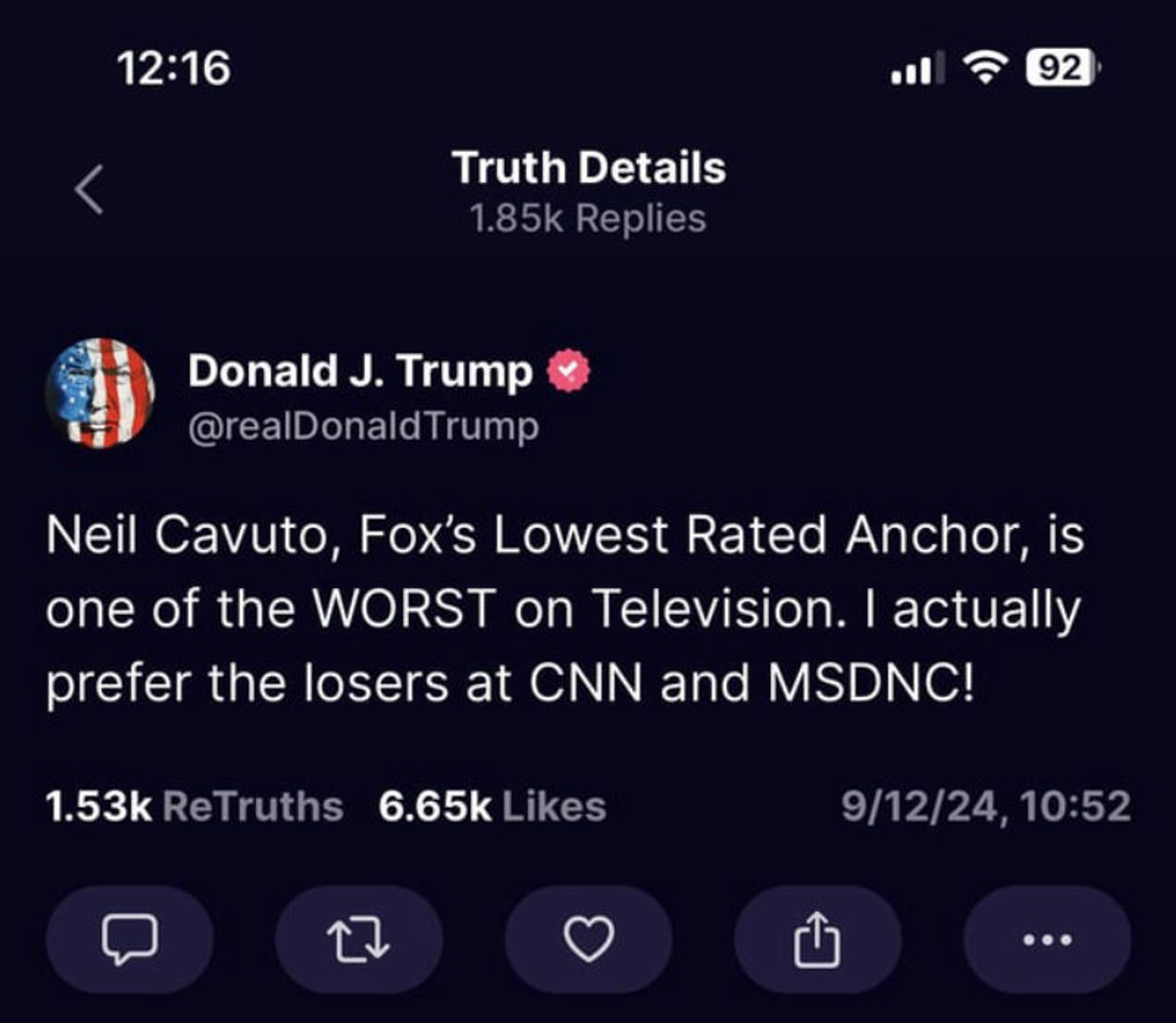 screenshot of trump post 9/12/24 - Y’all he’s BIGLY mad at Neil Cavuto from Fox. This is his second post ranting about him. (Posted at 10:52am, ET).