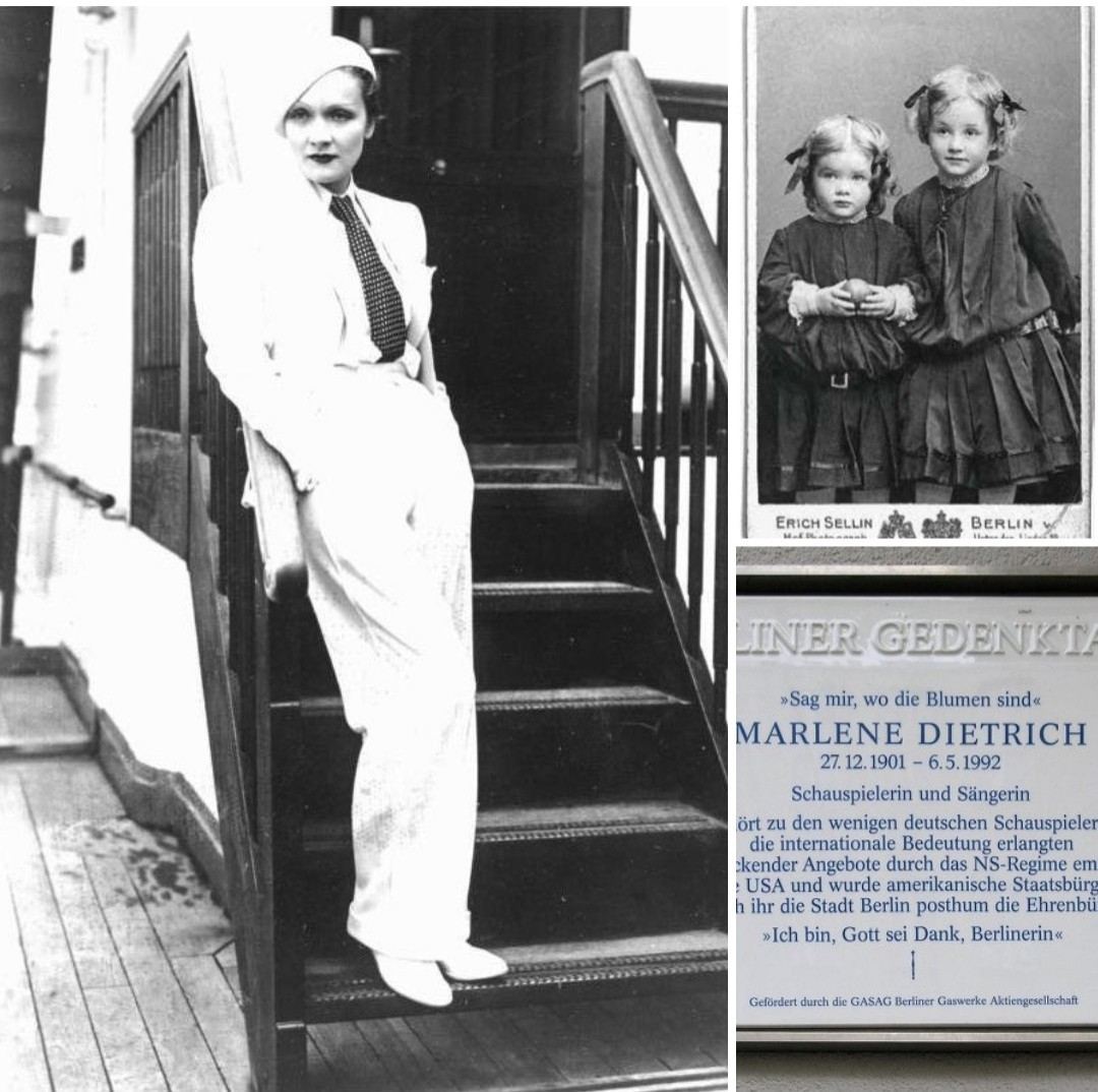 Links Marlene 1933 in einem hellen Anzug mit dunkler Krawatte lehnt an einem Treppengeländer. Rechts oben Marlene (links) mit Schwester Liesel im Jahr 1905 (Hoffotograf Erich Sellin, Unter den Linden 19).
Unten rechts:
Gedenktafel an ihrem Geburtshaus in Berlin-Schöneberg, Leberstraße 65.
Nachweis von wiki commons folgt.