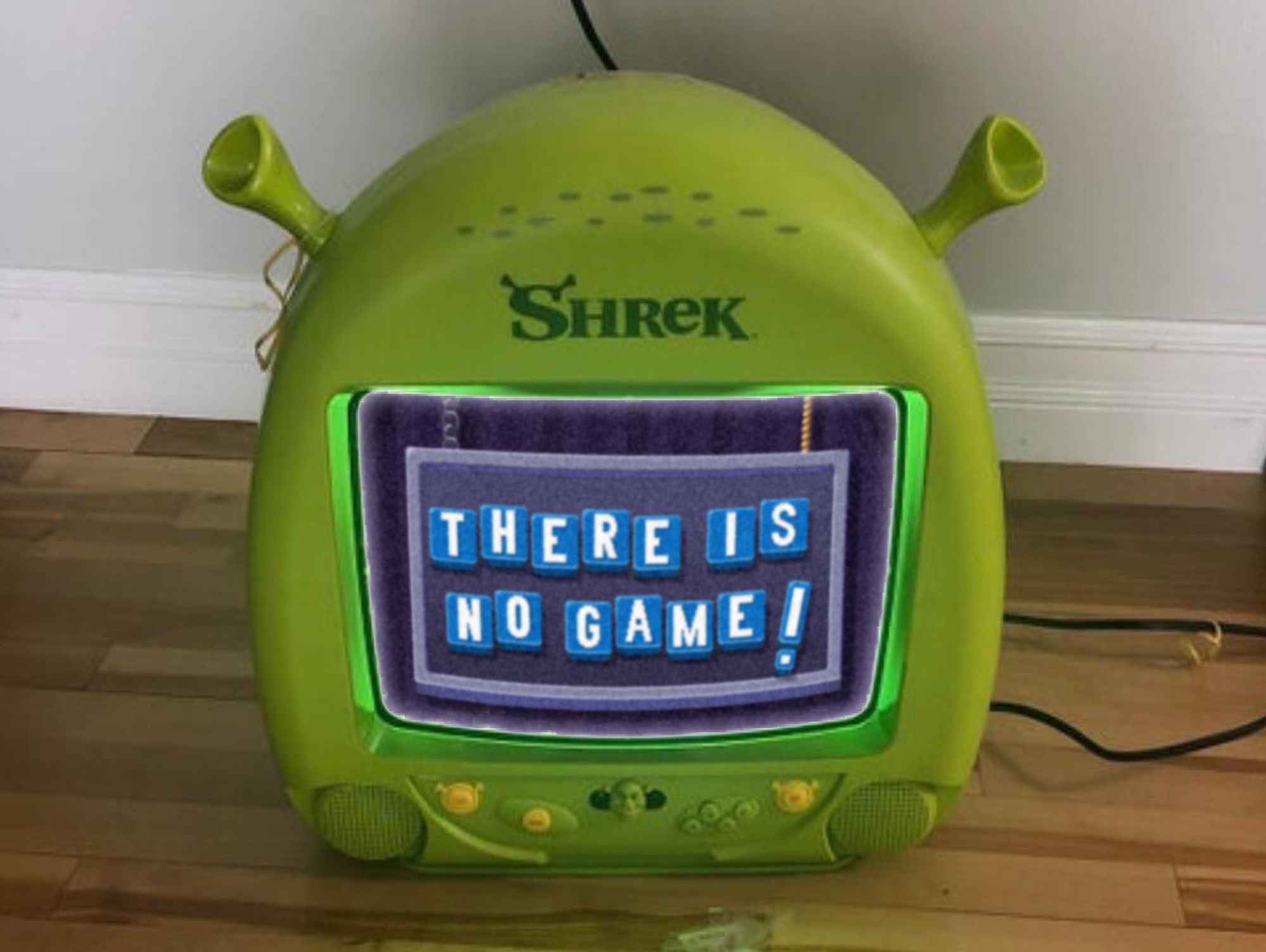 A Shrek television showing a screen from There Is No Game