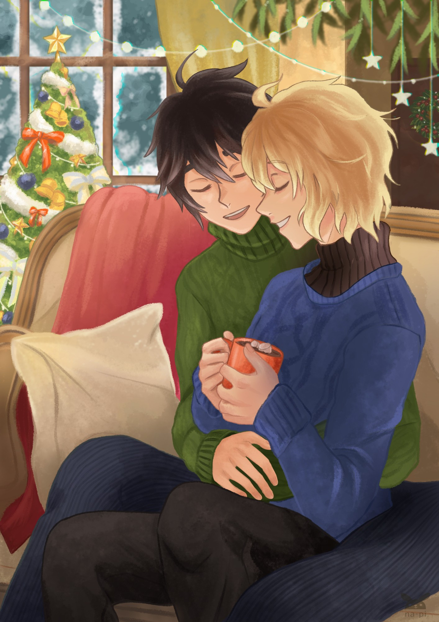 Mika and Yuu from Seraph of the end. Mika is sitting on Yuu's lap while he holds a mug with hot chocolate and marshmallows. It is a warm and romantic scene. Mika wear a blue knitted sweater and Yuu a green one. They're on a white couch with a pillow. Behind them there are a christmas tree with bow ornaments, a snowy windows with a yellow curtain and a door with a decor. Fairy lights are also in the picture. 