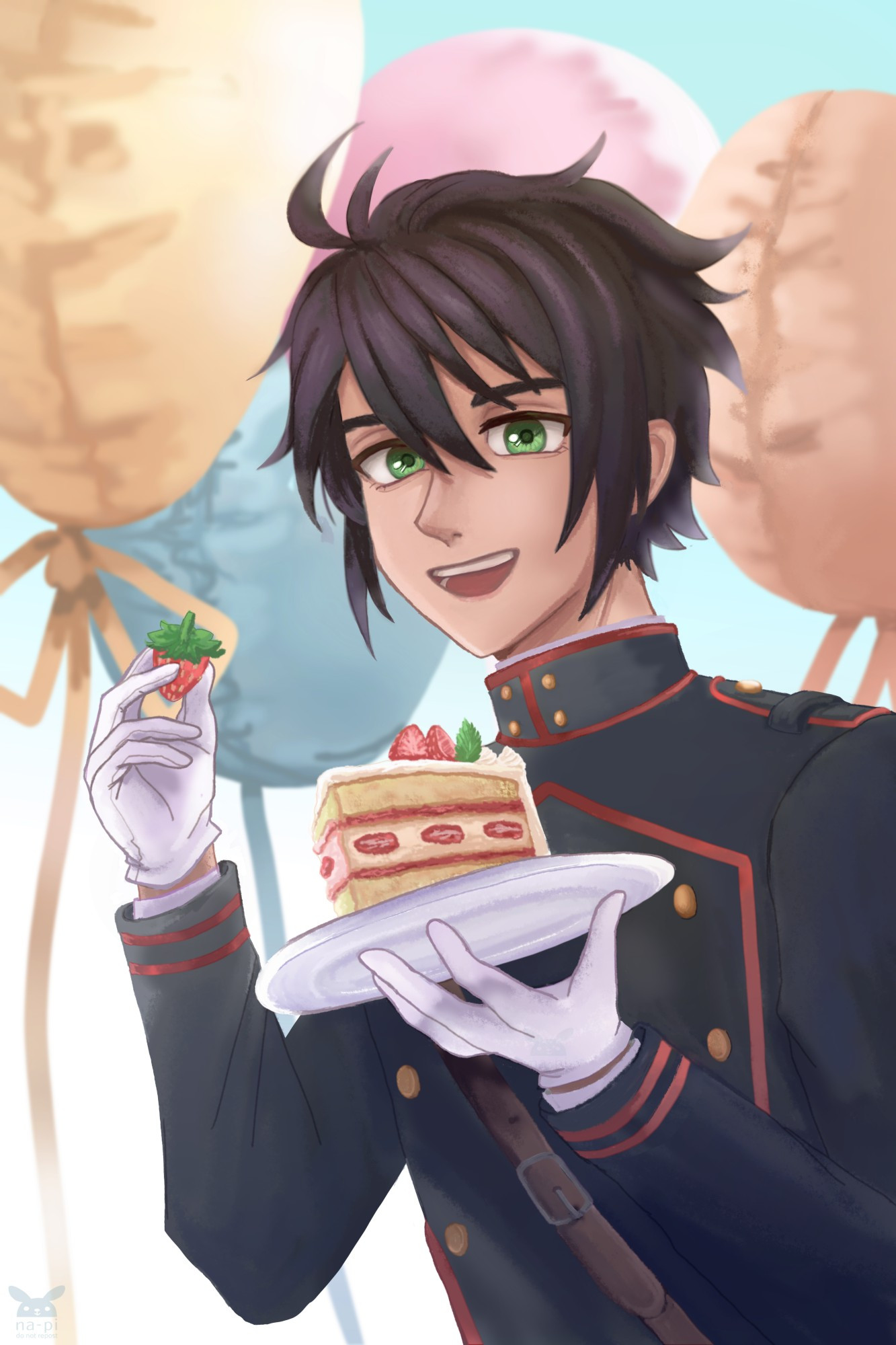 Hyakuya Yuichiro from Seraph of the End. The drawing was made to celebrate the character's birthday. He's in his army uniform, holding a plate with a slice of strawberry cake with his left hand while the left hand holds a singular strwberry. Yuu smiles and there are 4 balloons behind him :D 