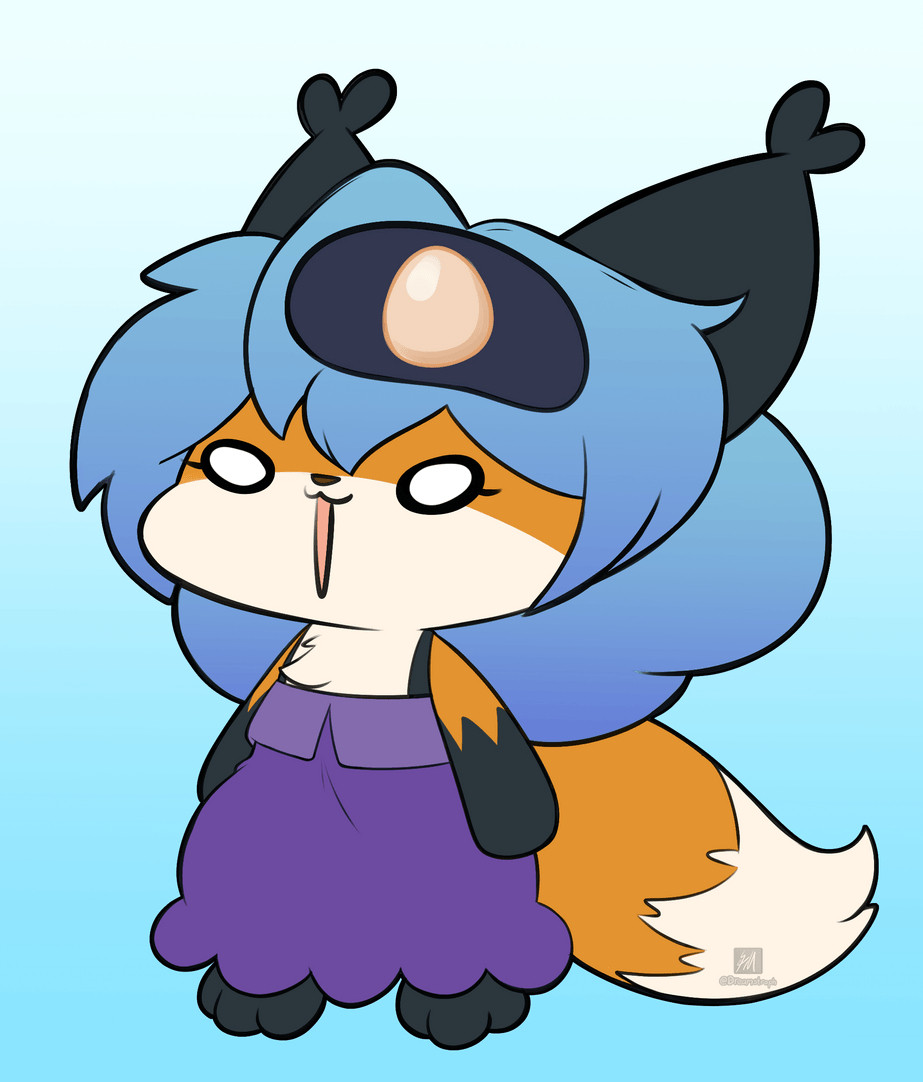 A gif of an anthropomorphic fox kit with a vacant expression. There's an x-ray shot of her head showing in sequence an egg, candy, cheese, space, and a rotating chicken.