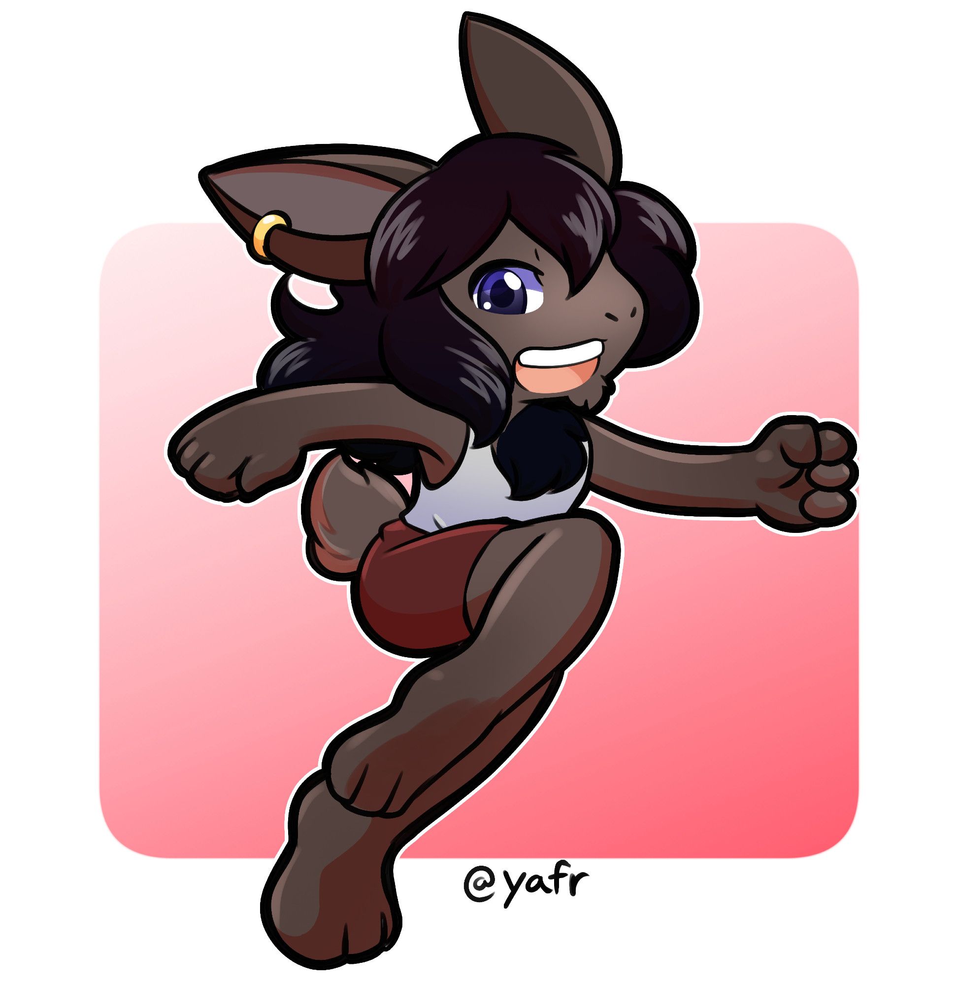 A drawing of an anthropomorphic bunny wearing red shorts and a white tank top, in a running pose.