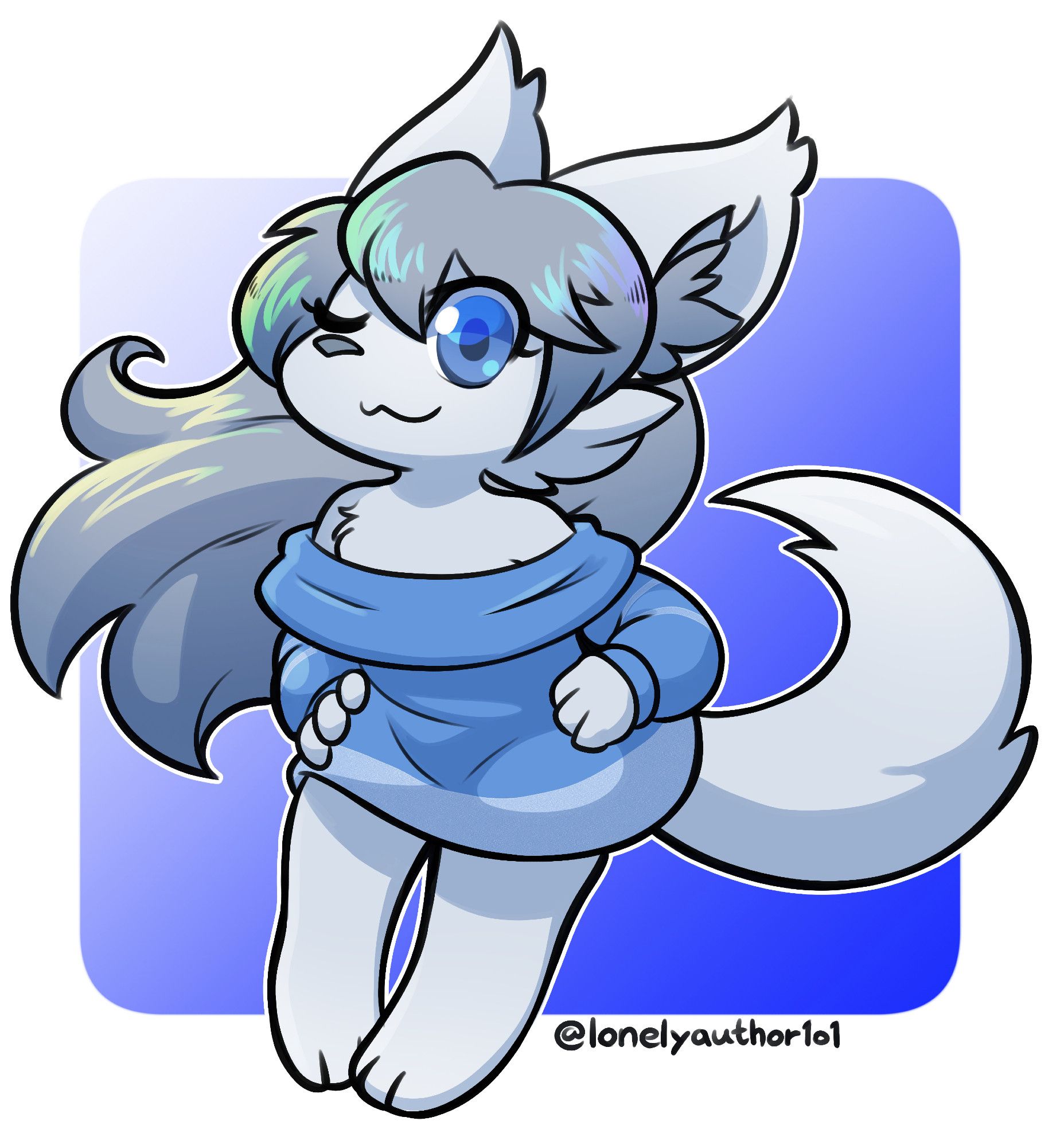 A drawing of an anthropomorphic white wolf dressed in an oversized blue shoulderless sweater.