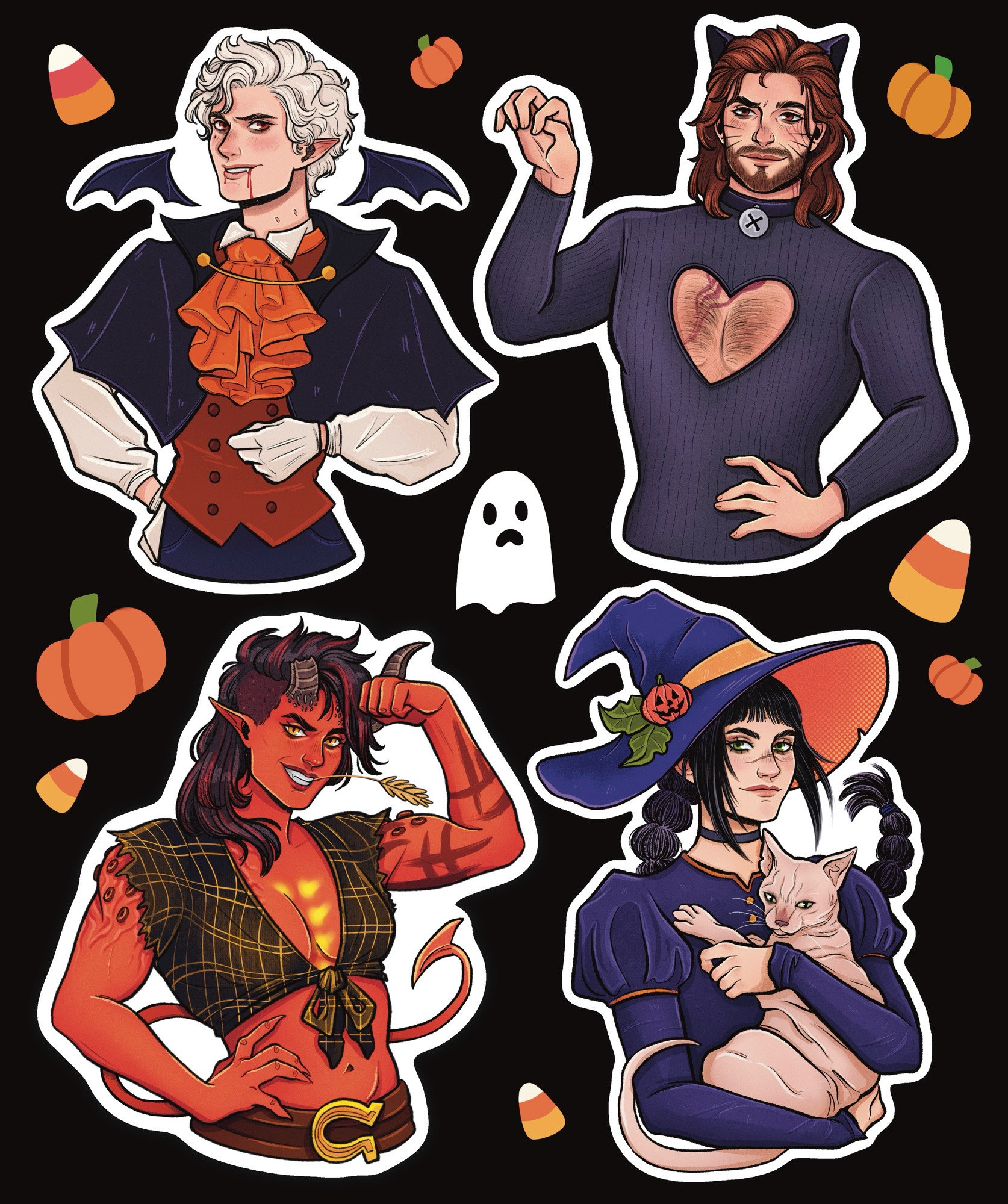 Astarion , Gale , Karlach , and Shadowheart from Baldurs Gate 3 in Halloween costumes