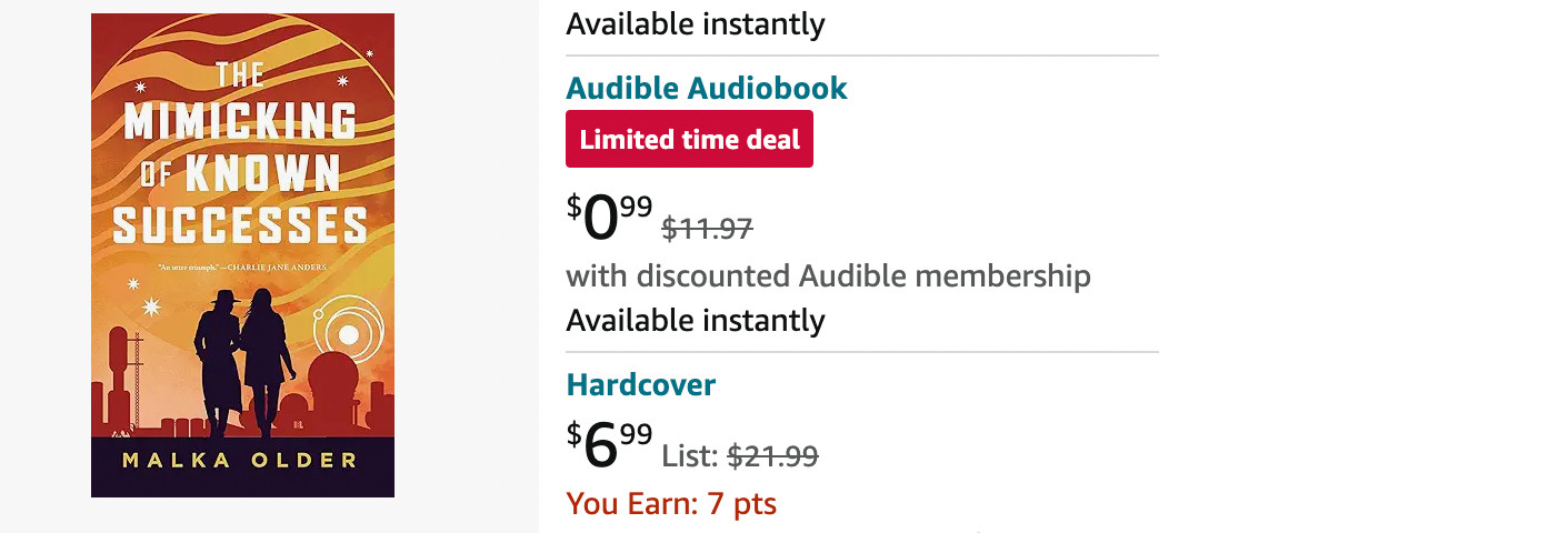 screenshot of the mimicking of known successes with a limited time deal for the Audible Audiobook at $0.99 with discounted Audible membership, and Hardcover for $6.99