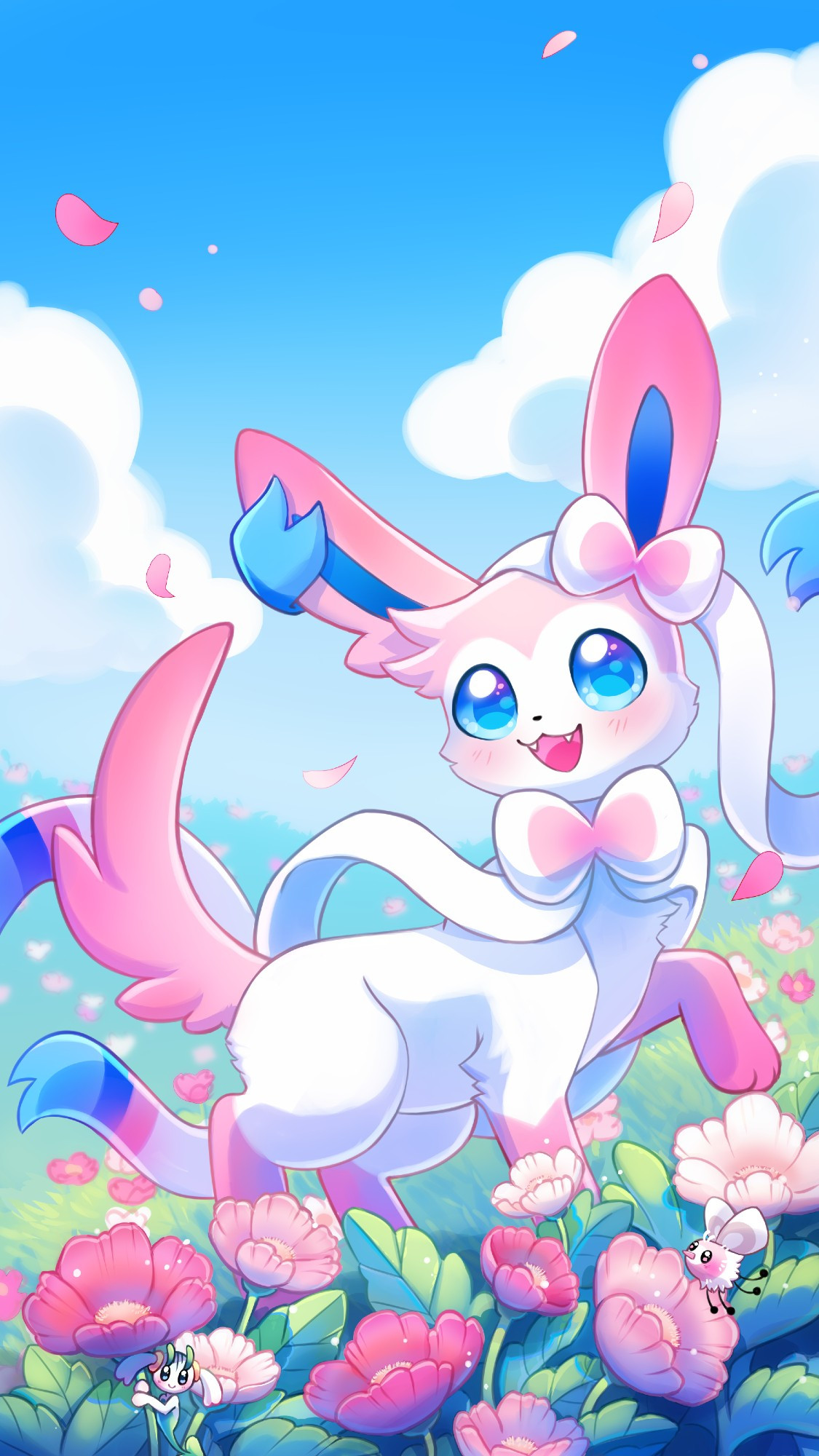 A happy Sylveon frolics in a field of pink and white flowers. There's a shiny cutiefly and a floette also enjoying the lovely day