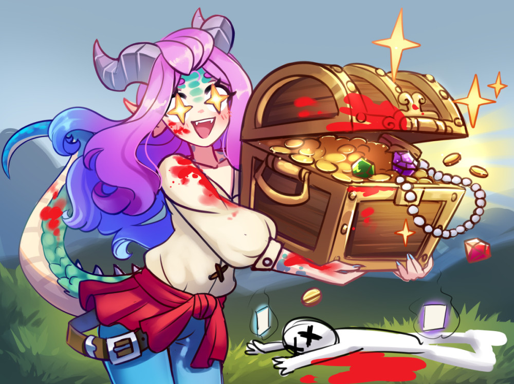 A doodle of a colorful dracthyr gleefully holding a bloody treasure chest