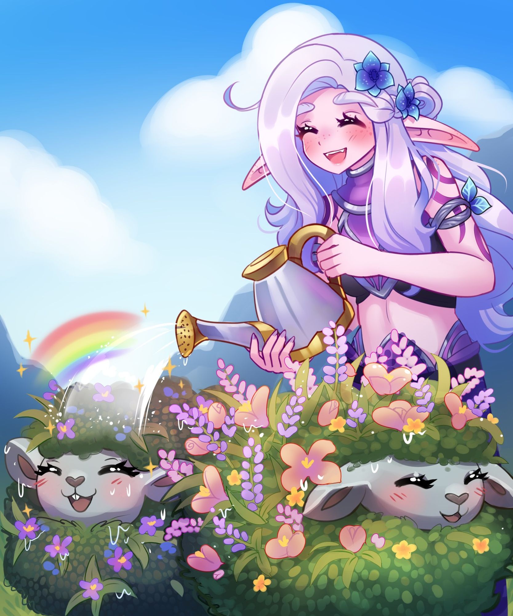 An elf waters some happy leafy flowery sheepies