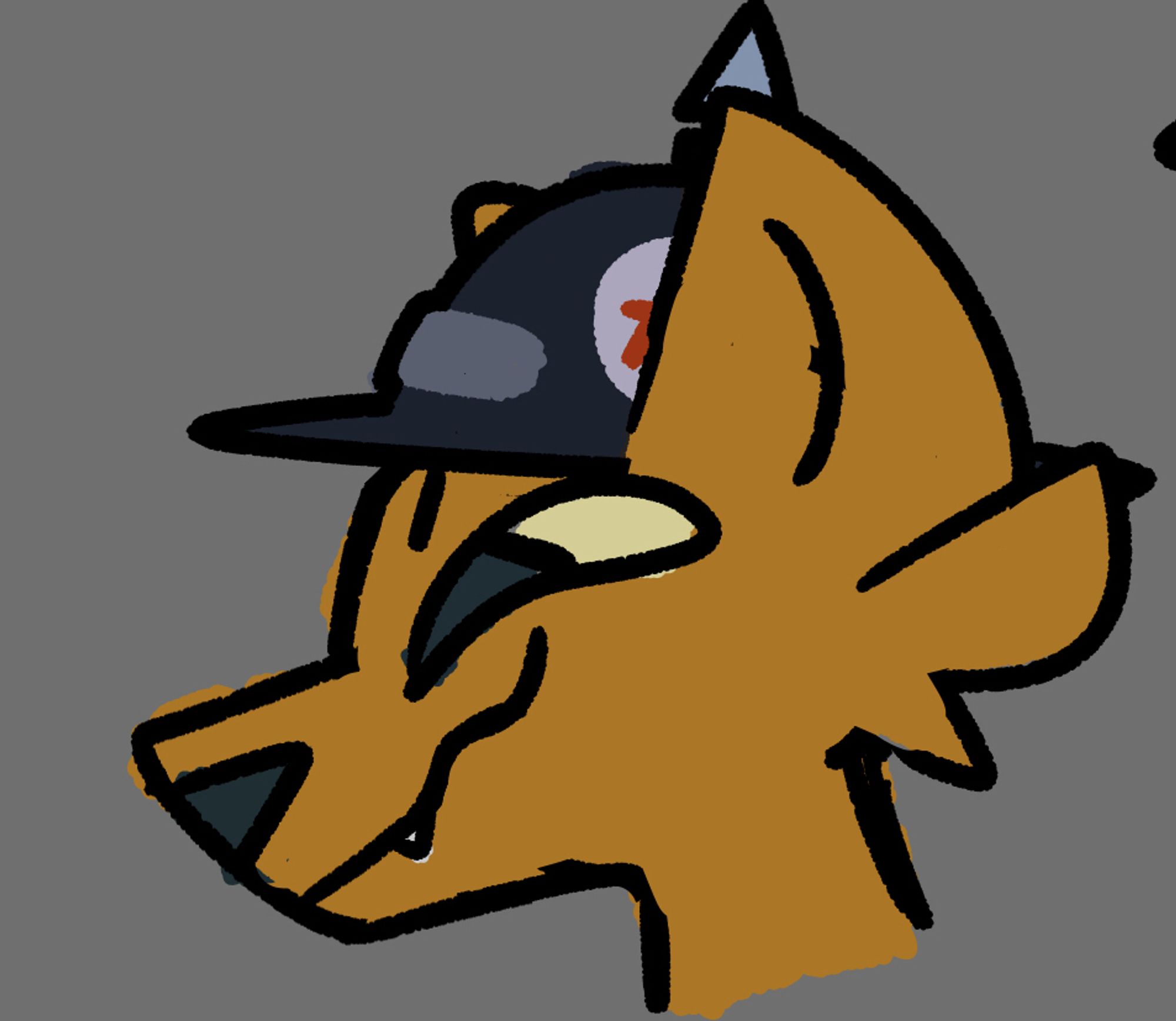 A side profile picture of Gregg from Night in The Woods. They have a smug yet happy expression on their face, and are wearing their iconic WW1 helmet.