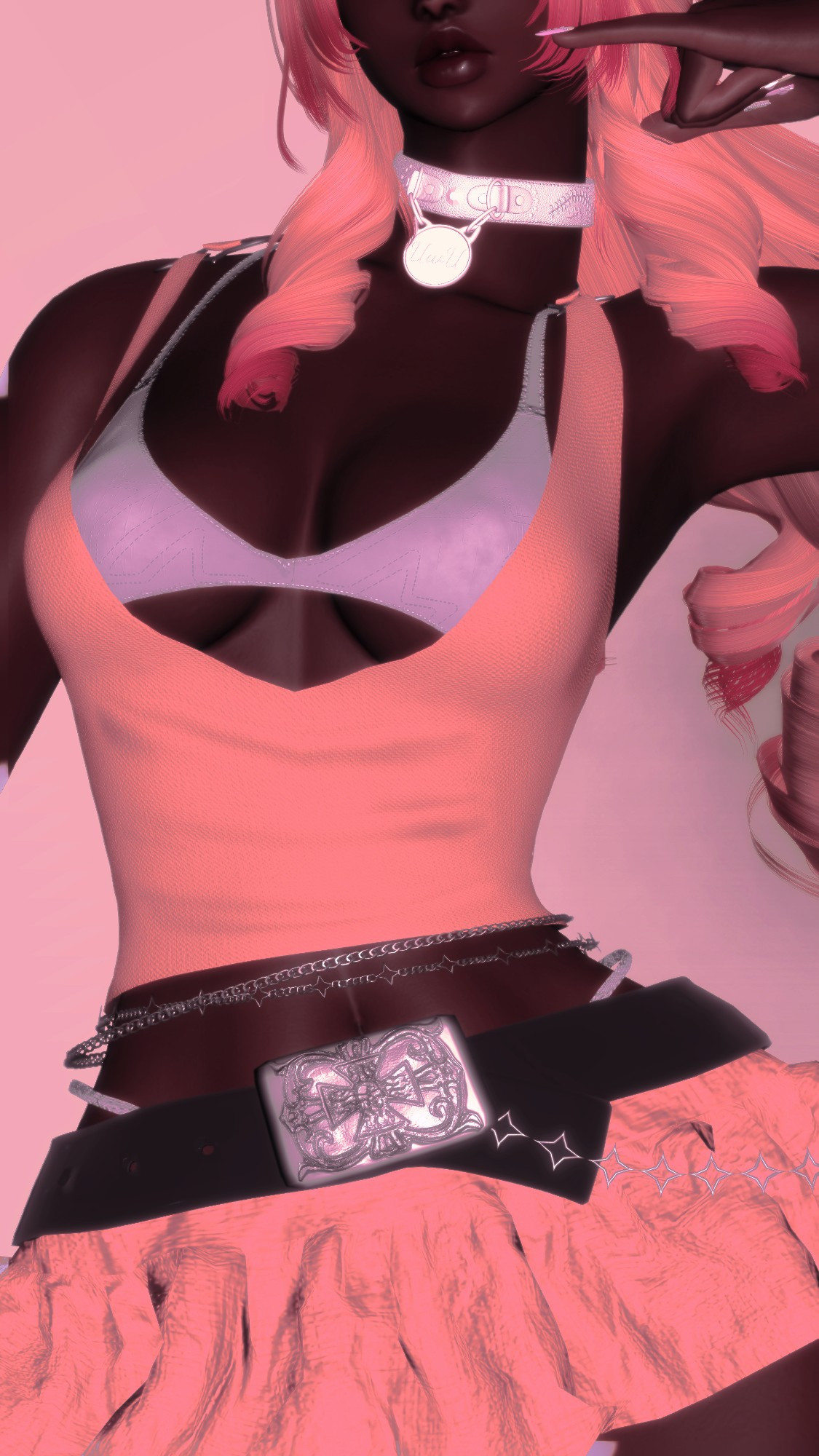 A darkskinned, Black Female Viera in a pink tanktop and purple bralette top, black belt holding up a white skirt, posing with her pinky up to her lip. Her eyes are cut from frame.