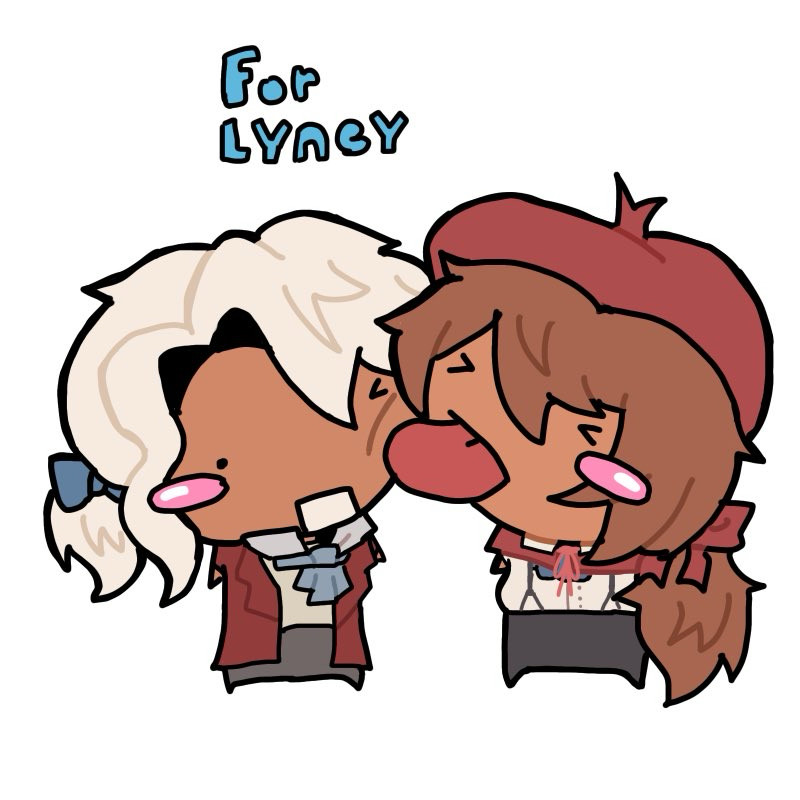 small chibi drawing of the composer and painter from the game “Identity V.” Painter is licking composer’s cheek with his eyes closed. Composer looks confused.