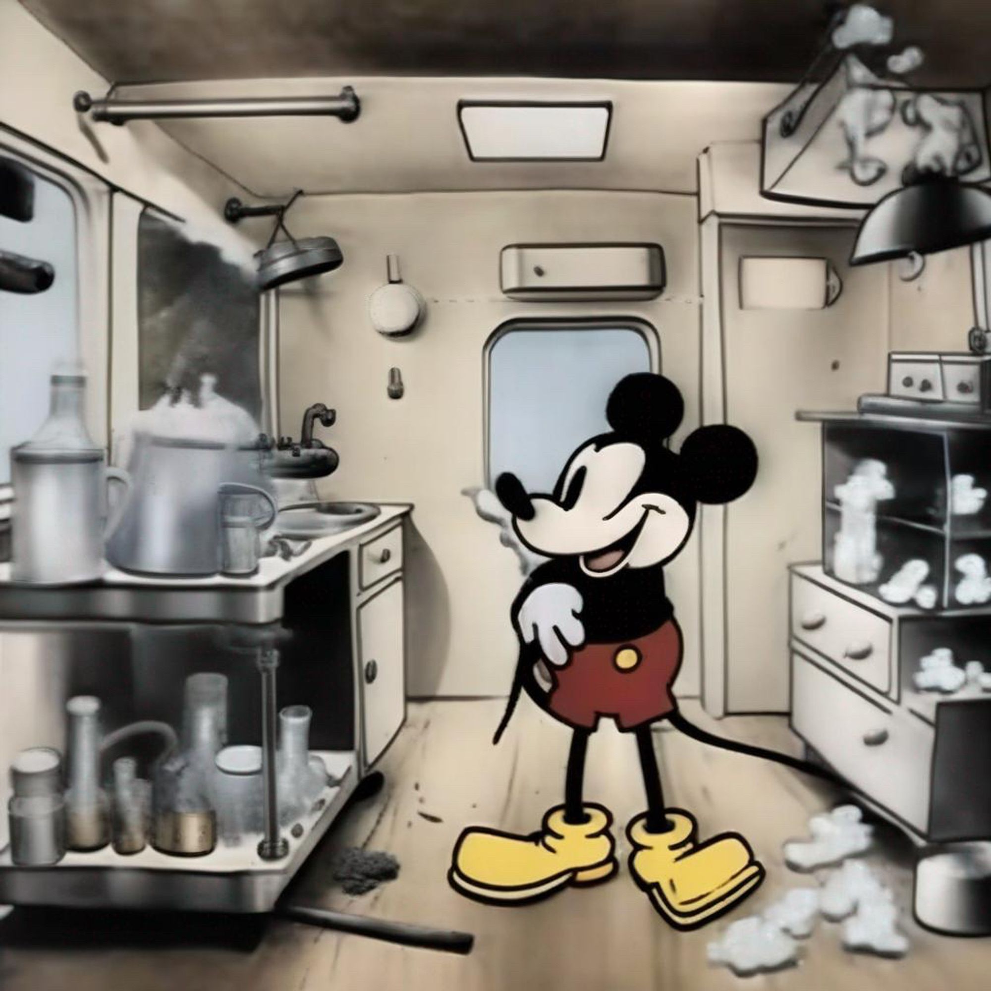 AI generated image based on the text prompt “Mickey Mouse manufacturing methamphetamine in an RV”