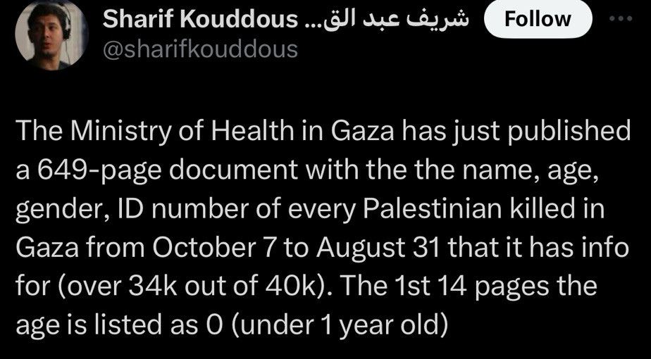 Follow
...
@sharifkouddous
The Ministry of Health in Gaza has just published a 649-page document with the the name, age, gender, ID number of every Palestinian killed in Gaza from October 7 to August 31 that it has info for (over 34k out of 40k). The 1st 14 pages the age is listed as 0 (under 1 year old)