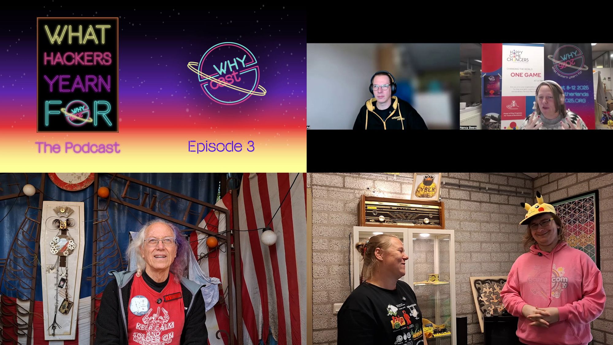 YouTube thumbnail for WHYcast episode 3 showing the logo, your hosts Nancy & Ad on the upper half of the image. The lower half shows two stills from the interviews with Mitch Altman and Team:Family