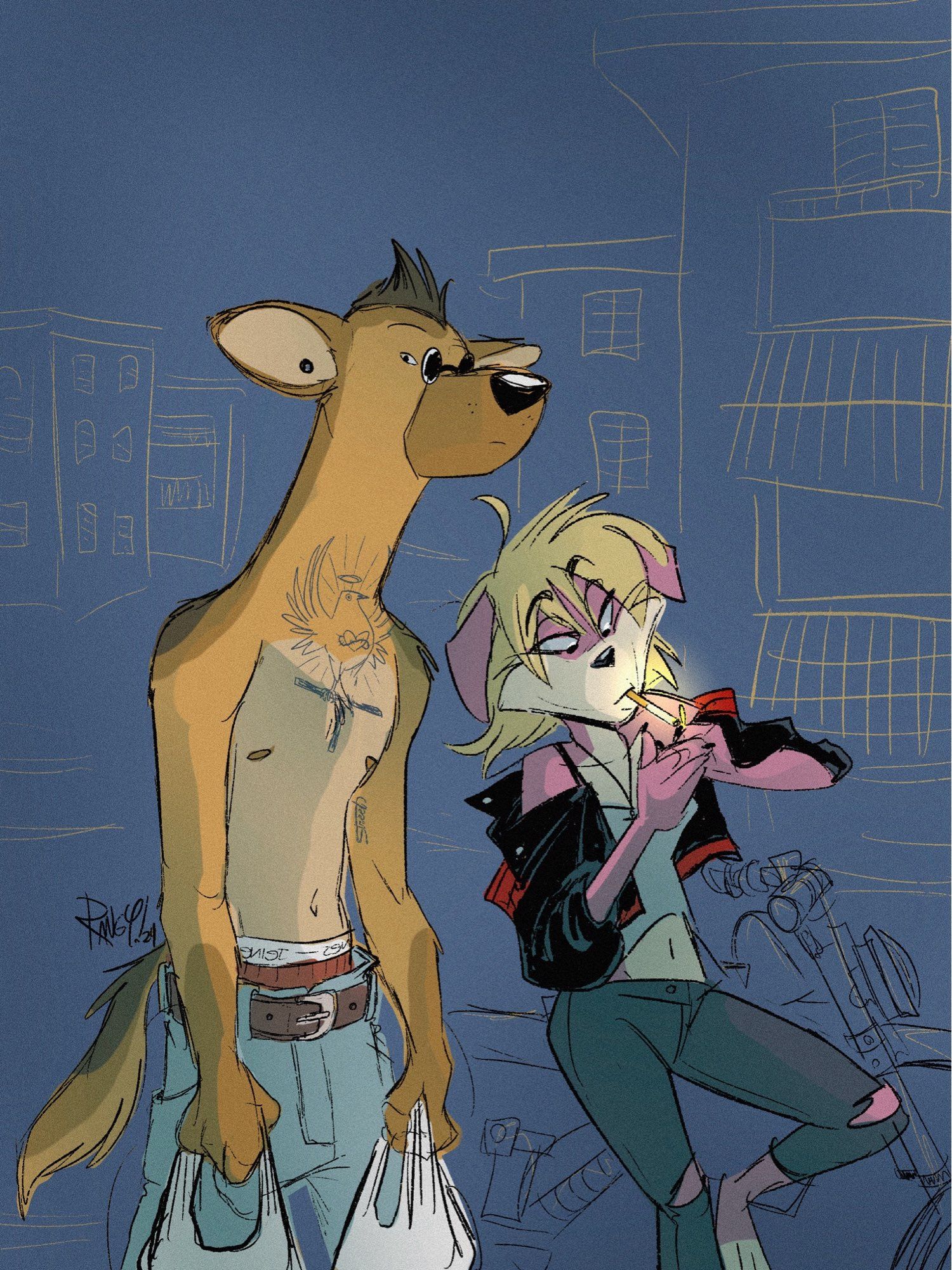 Tebo and Karen, two anthropomorphic dogs- pose alongside a motor bike in front of a puertorrican public housing project- also known as a “caserío”. Tebo is carrying two plastic store bags and Karen is nonchalantly lighting up a cigarette