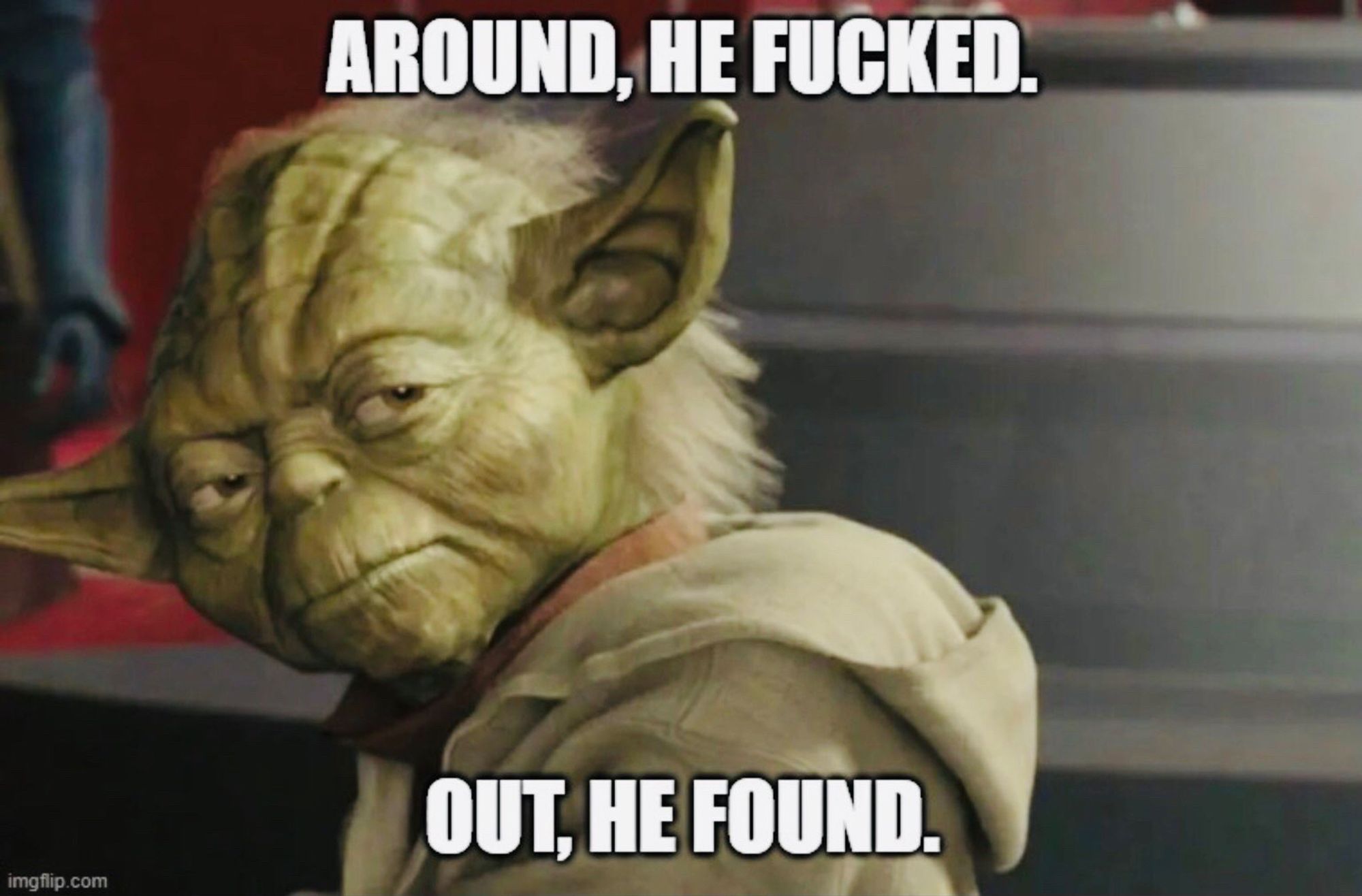 Picture of Yoda with the caption “Around, he fucked. Out, he found.”