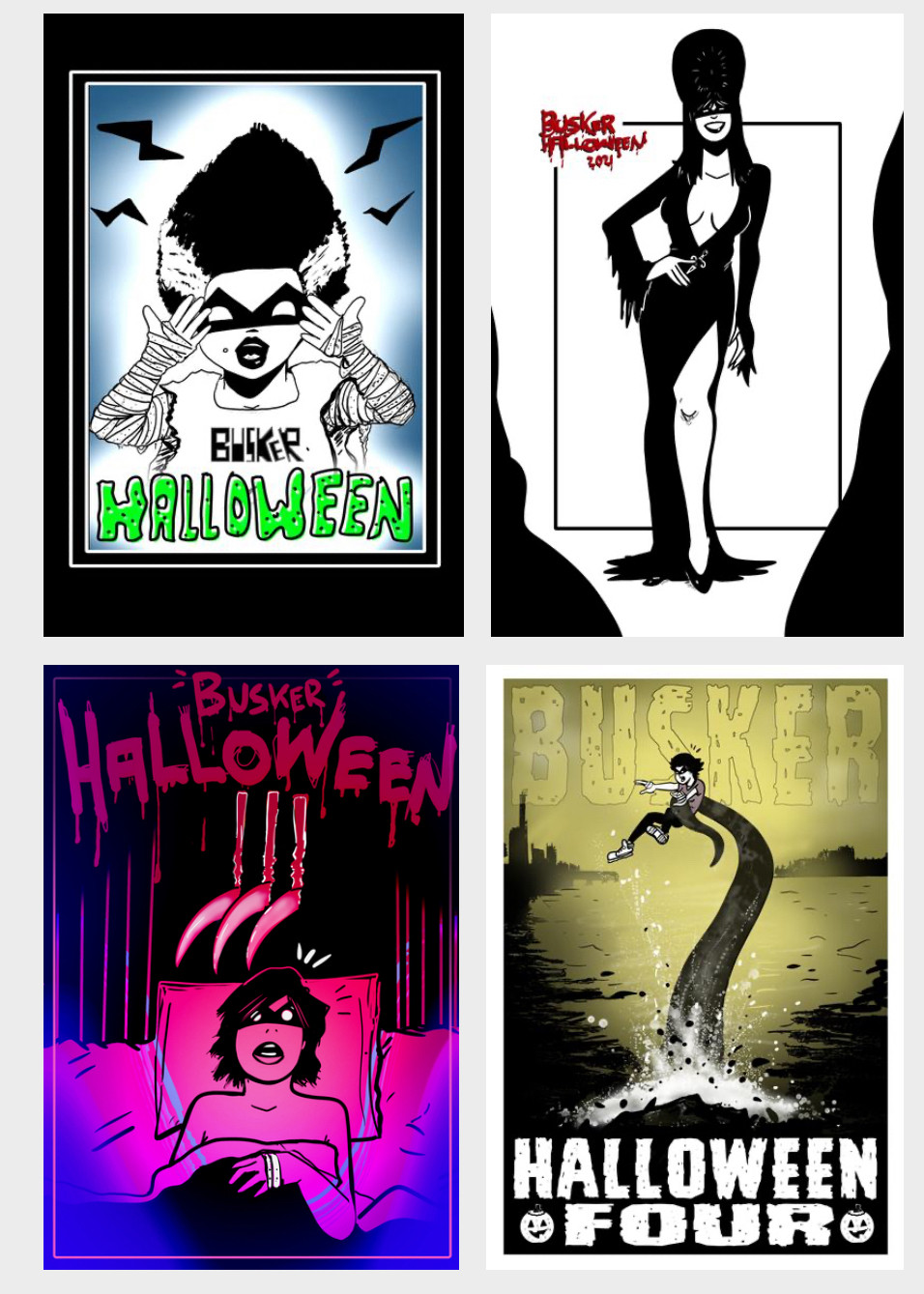 The four cover imagers of the four Halloween specials for the comic “Busker. Each cover is parody: 1 is the “Bride of Frankenstein.” 2 is an Elvira homage. 3 is “A Nightmare on Elm Street.” Four is the 2006 South Korean film “The Host.”