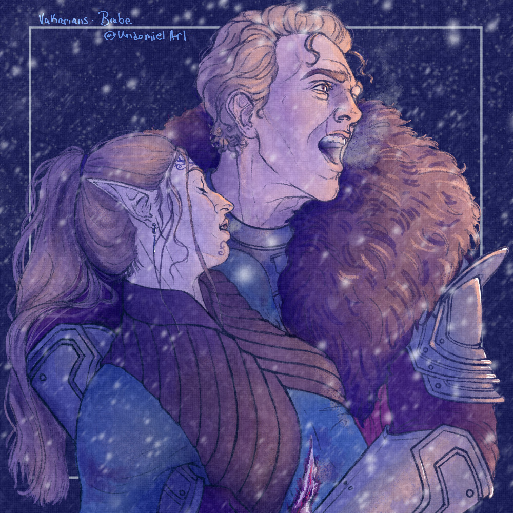 A digital drawing of a human man holding a femme-presenting nonbinary elf. The man, Cullen Rutherford, is blonde with lightly sun-tanned skin and brown eyes. He wears armor and a furred mantle. In his arms, Cullen holds La'ara, the elf, whose already pale skin is purpled from the cold. Their brownish-blonde hair is pulled up in a messy and disheveled ponytail, their leather armor is not completely on, and their undershirt is visible, torn, bloodied, and stained. La'ara is unconscious in Cullen's grip, and he shouts over his shoulder into the snow. 