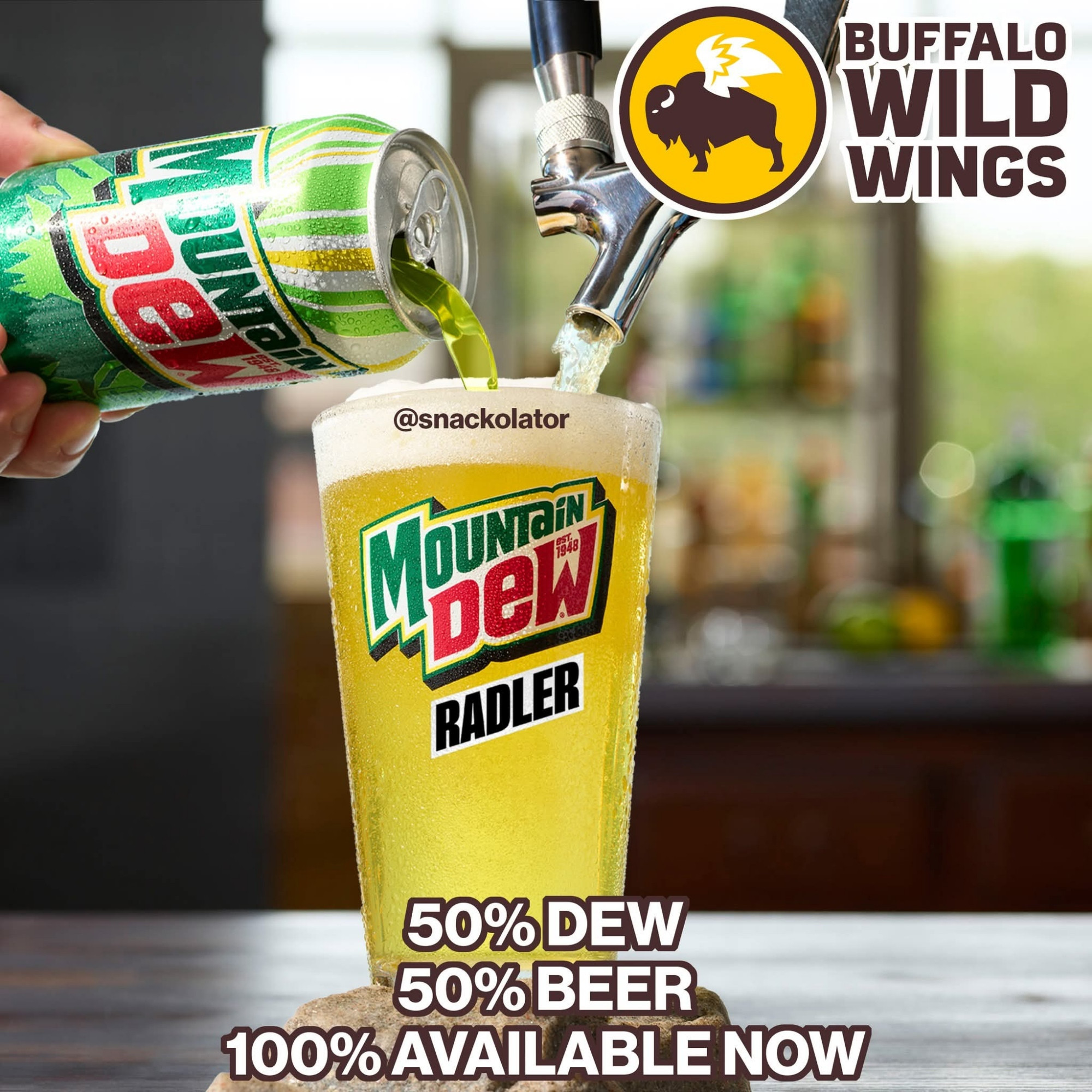 A picture of the buffalo wild wings mountain dew Radler. 50% dew, 50% beer, 100% proof God has abandoned us. 