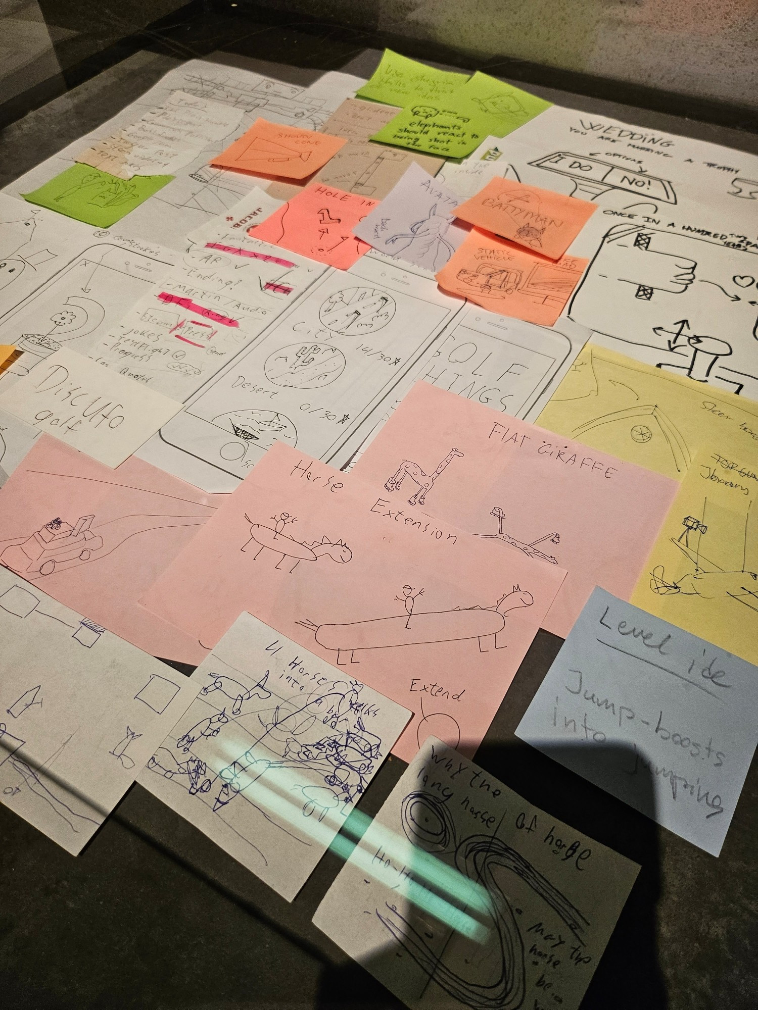 Picture of concepts for games on post it's by the game studio Triband