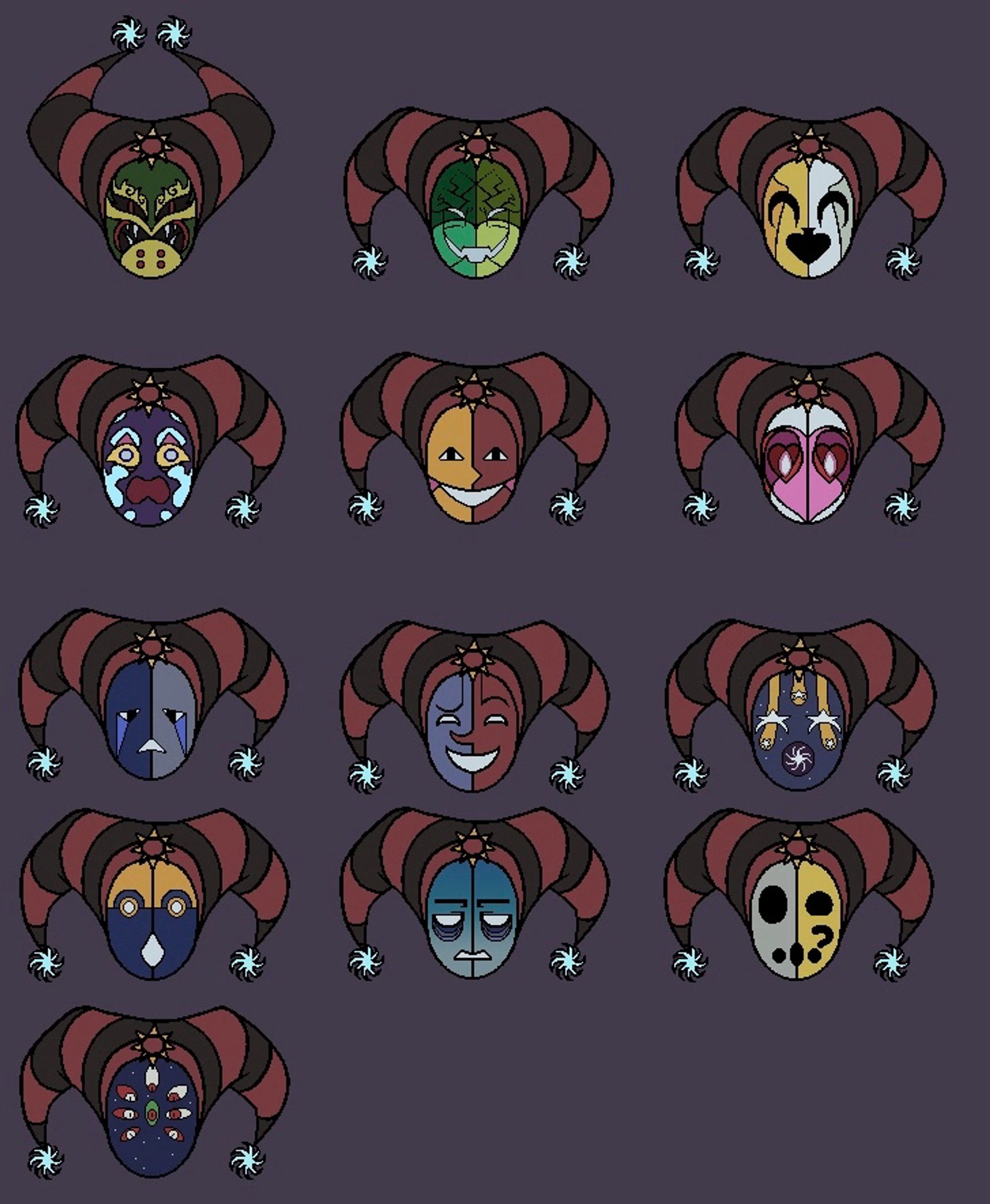 Emotion masks. From the top left to the right like a book: angry, sinister, devious, fear, happy, love, sad, smug, wonder, surprise, unamused, confused, intrigued