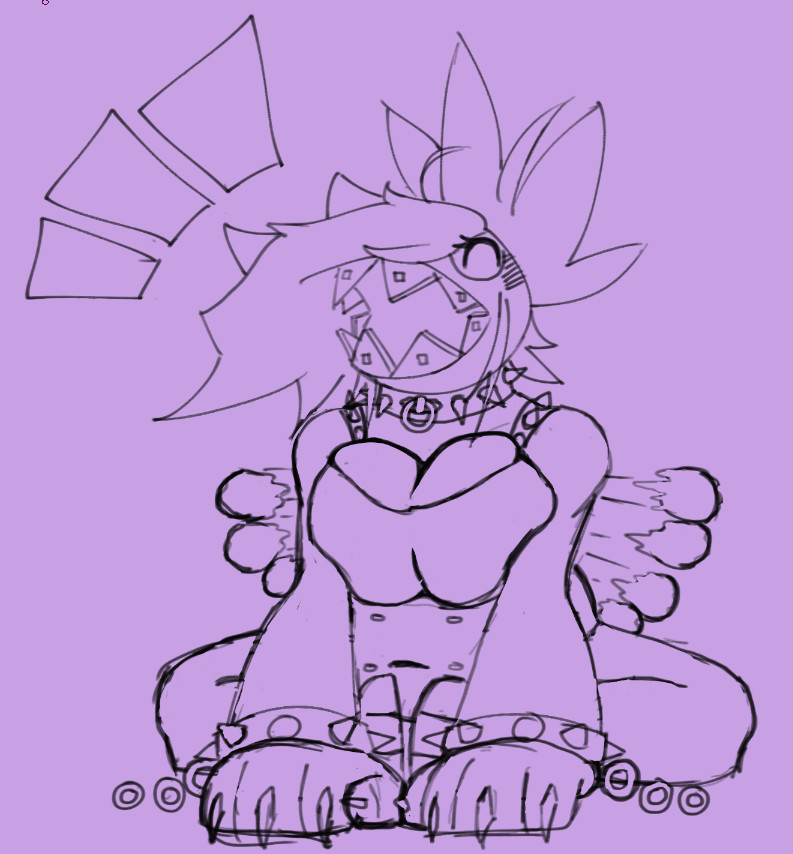 My chain chomp sona sitting with her legs butterflied, barking and wagging her tail