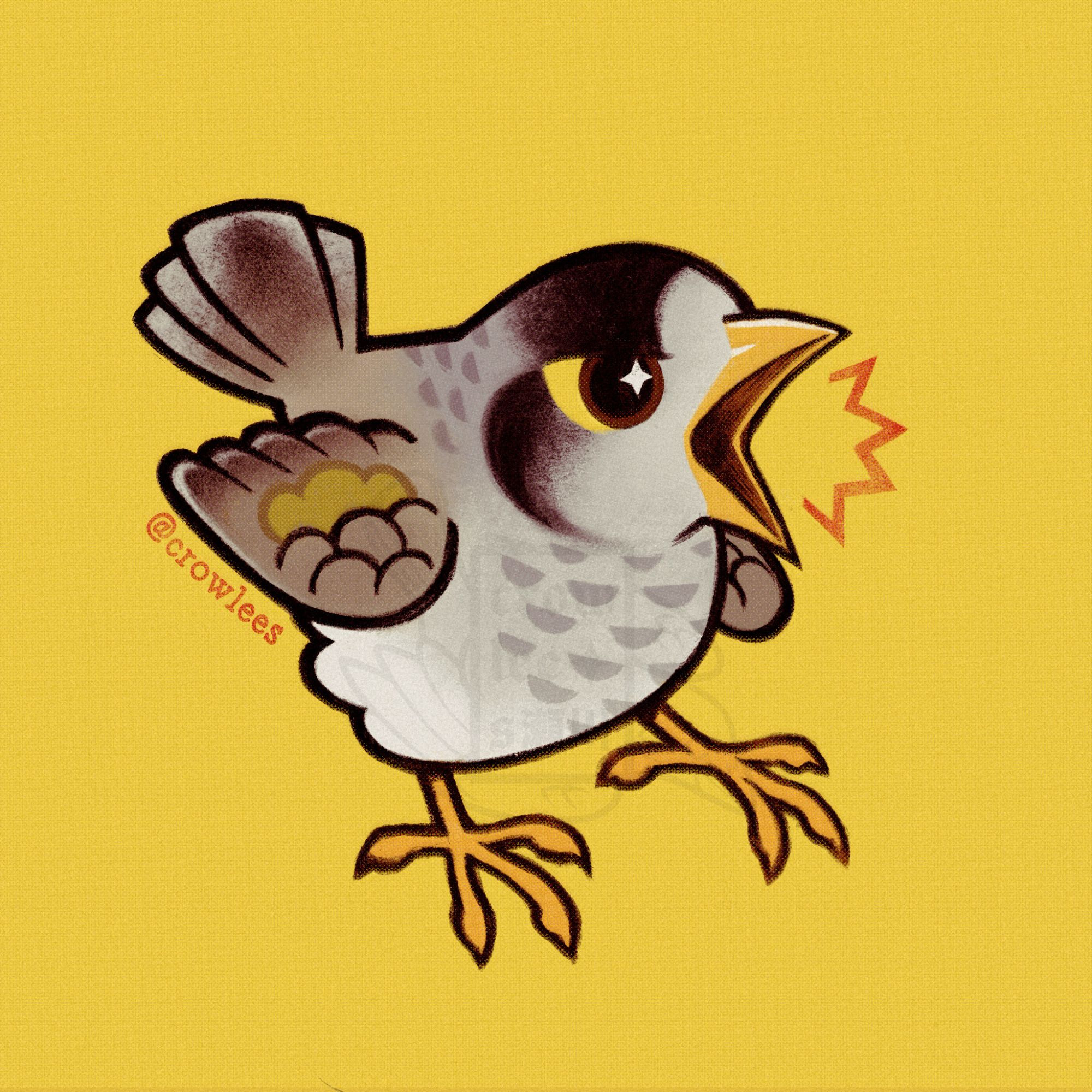 An illustration of a noisy miner aggressively yelling (as they are often found doing) on a bright yellow background. 