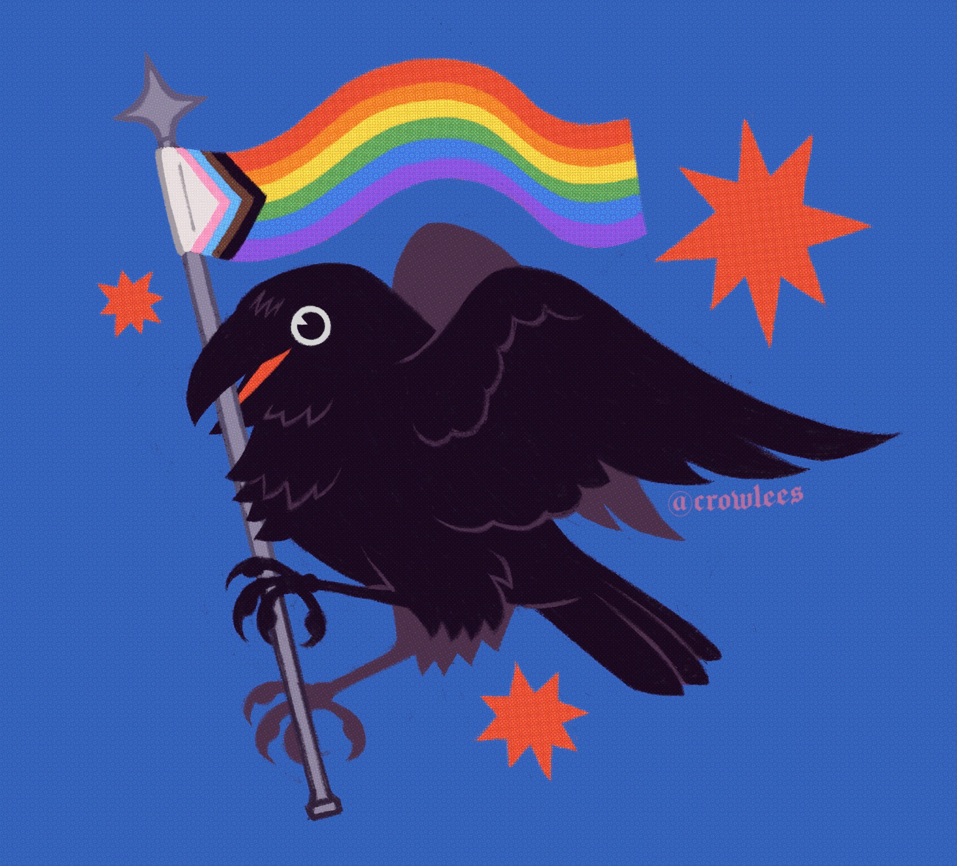 A cute crow holds a LGBT flag with red decorative stars on a blue background 