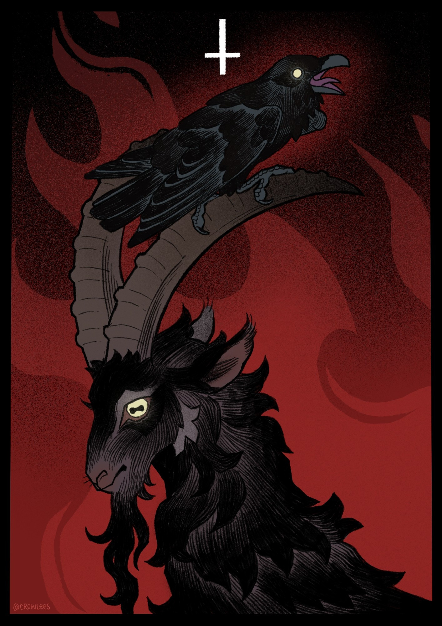 Bust of a black goat with large horns with a raven perched on top, there is a red background with subtle details of flames with an upside down cross at the top middle of the piece. This art is titled "occult friends".