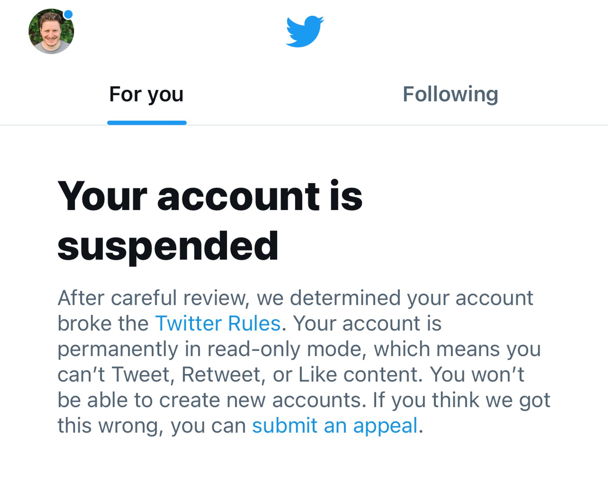 Screenshot from Twitter telling me my account is permanently suspended. No clear reason why given.